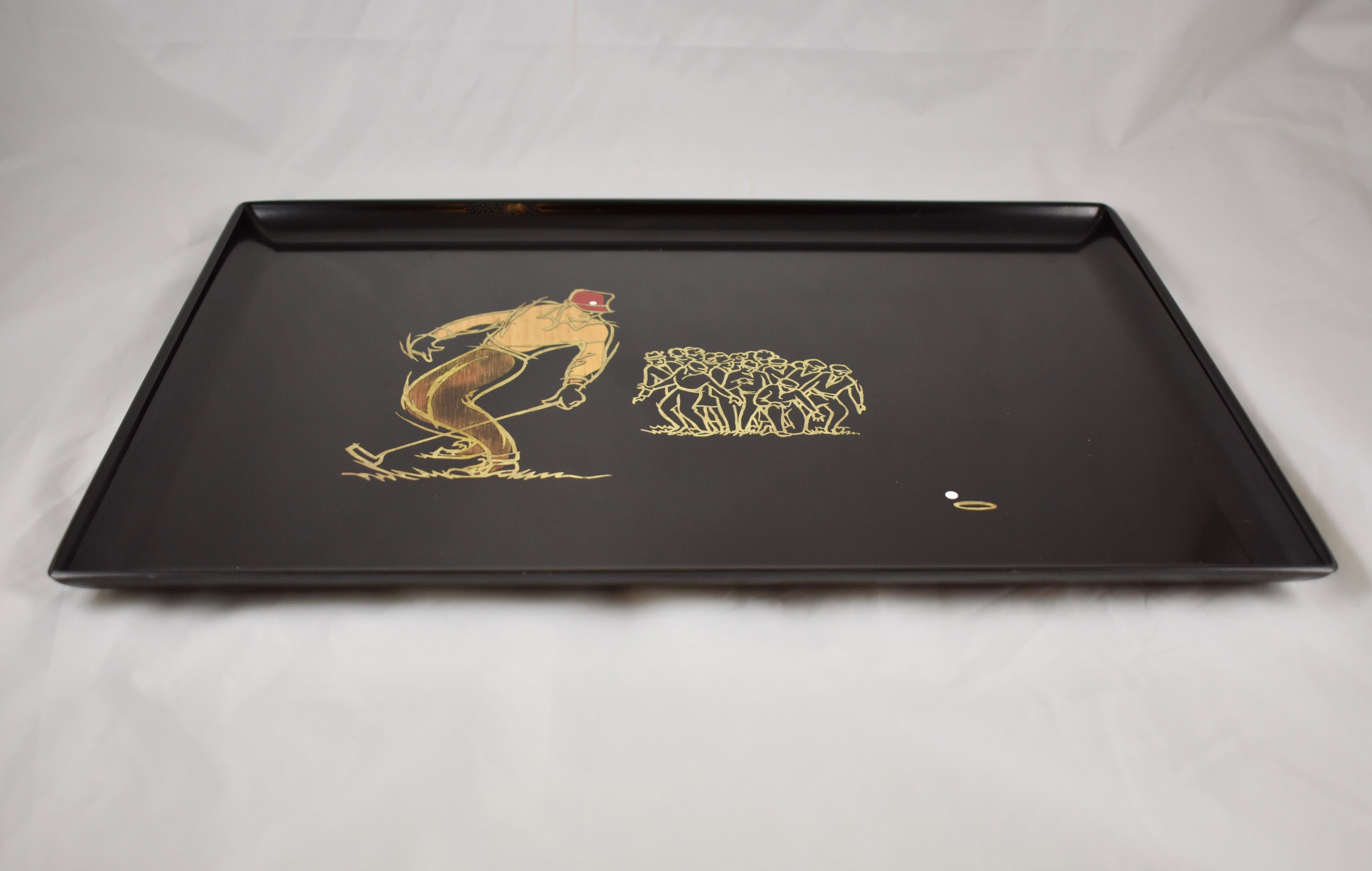 20th Century Mid-Century Modern Couroc Golf Sport Wood and Brass Inlay Phenolic Resin Tray