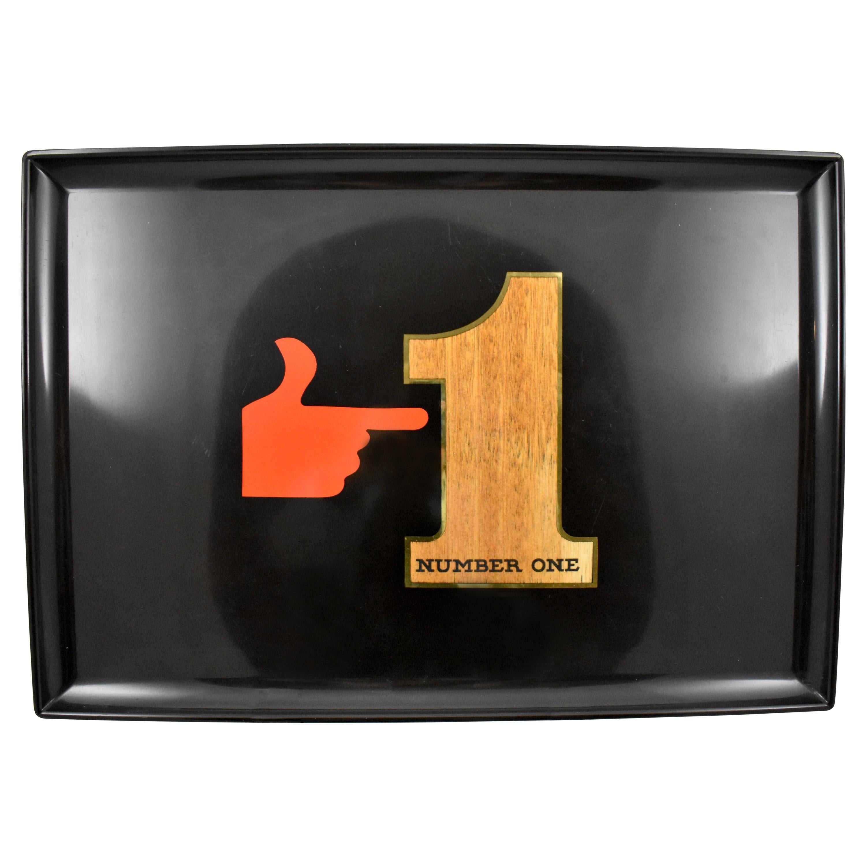 Midcentury Couroc Red Hand Number One Wood & Brass Inlay Phenolic Resin Tray
