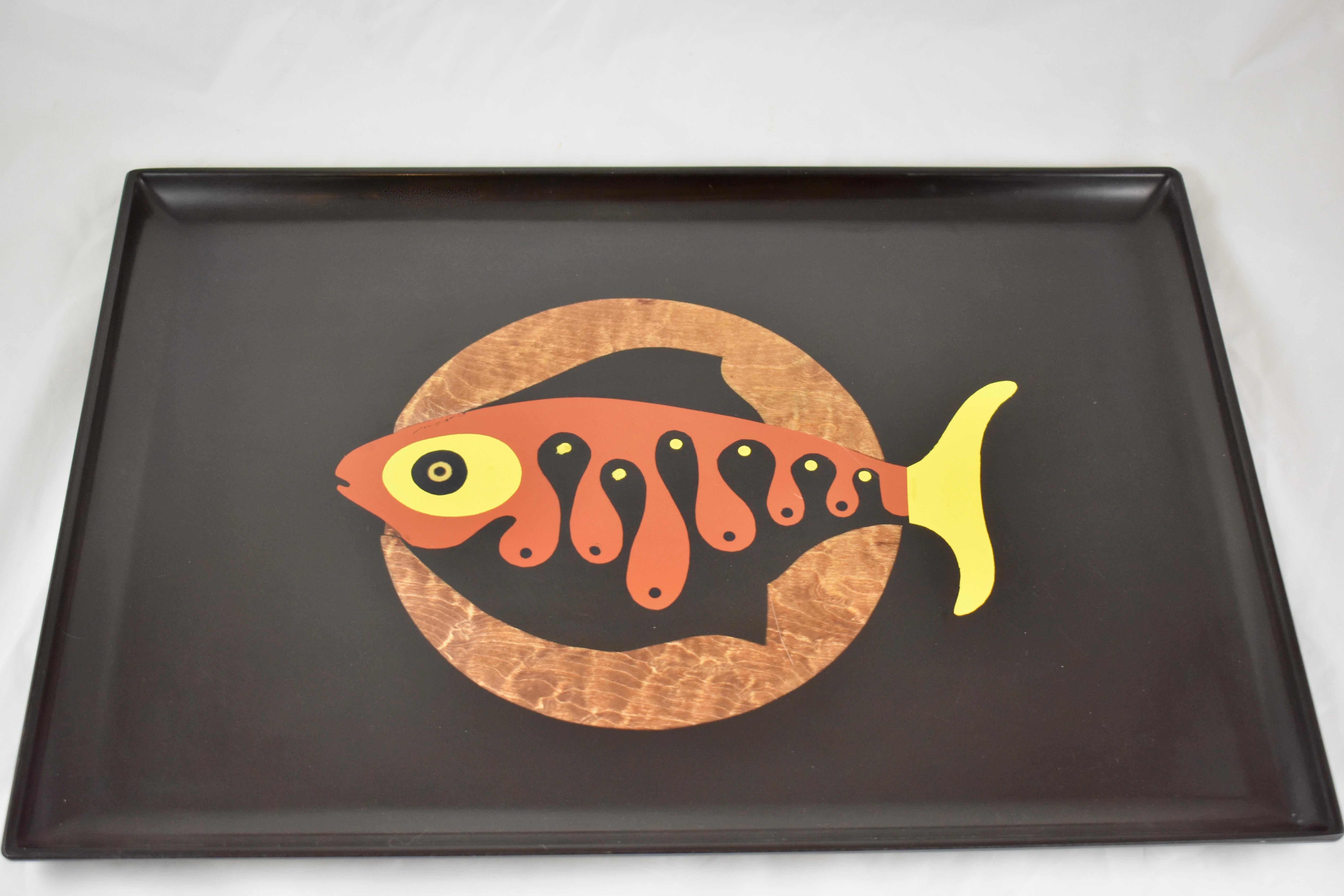 American Mid-Century Couroc Swimming Fish Image Wood and Brass Inlay Phenolic Resin Tray