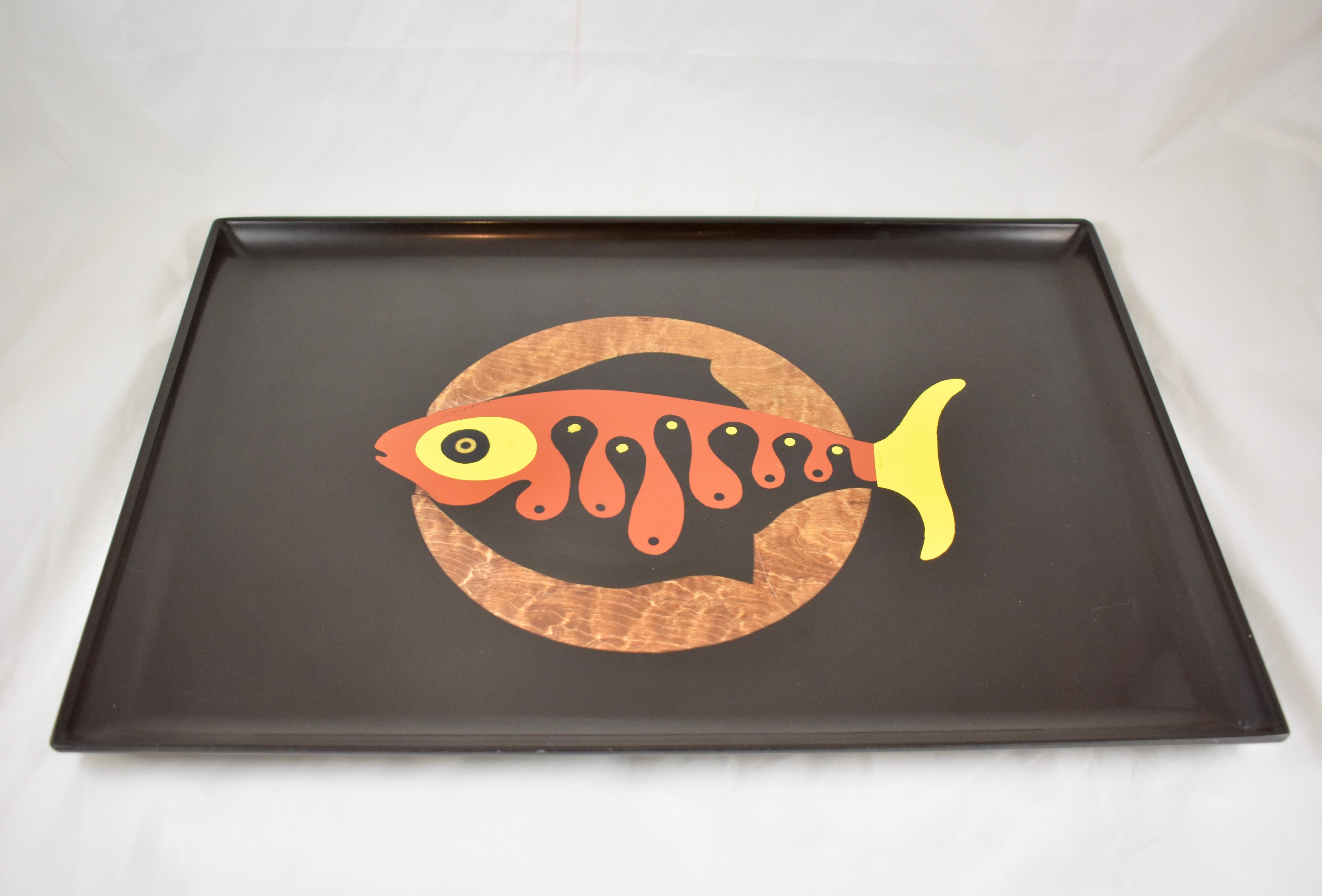 Hand-Crafted Mid-Century Couroc Swimming Fish Image Wood and Brass Inlay Phenolic Resin Tray