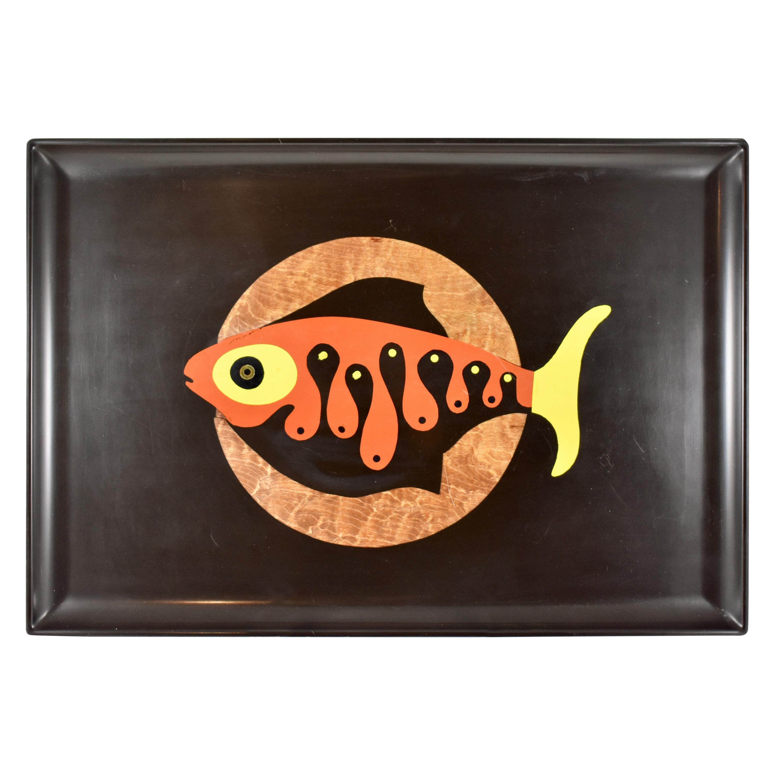 Mid-Century Couroc Swimming Fish Image Wood and Brass Inlay Phenolic Resin Tray