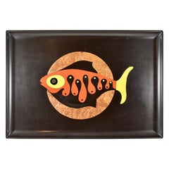 Retro Mid-Century Couroc Swimming Fish Image Wood and Brass Inlay Phenolic Resin Tray