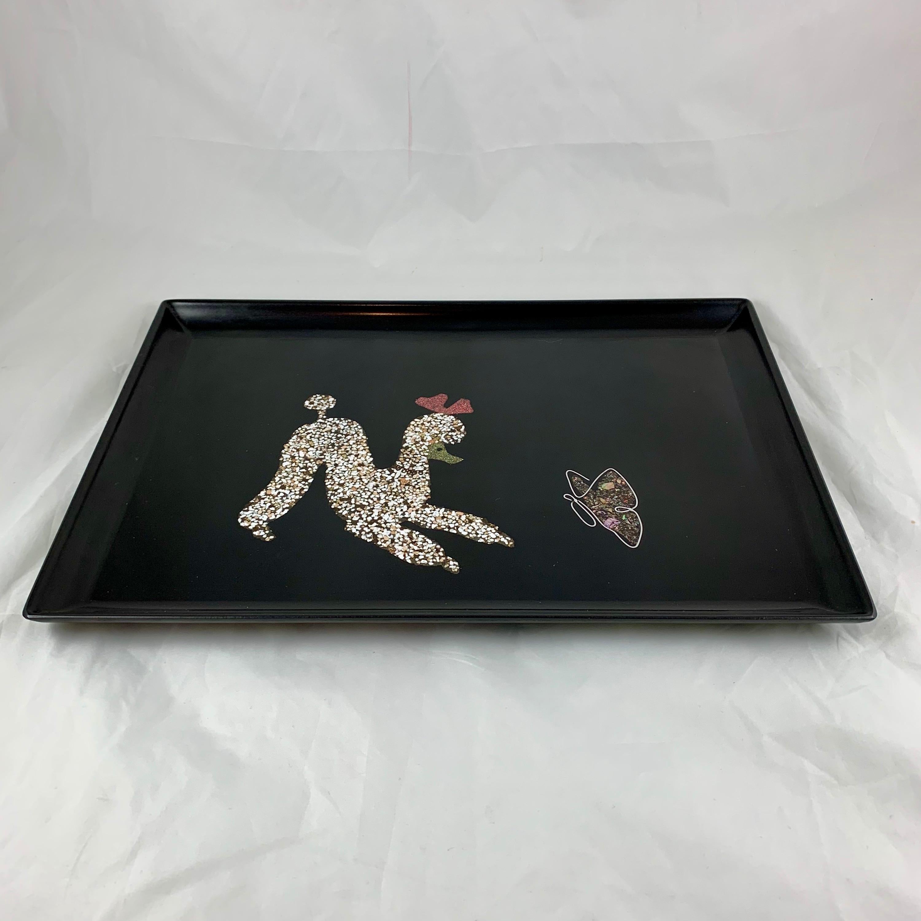 American Mid-Century Couroc Poodle and Butterfly Shell & Stone Inlay Phenolic Resin Tray