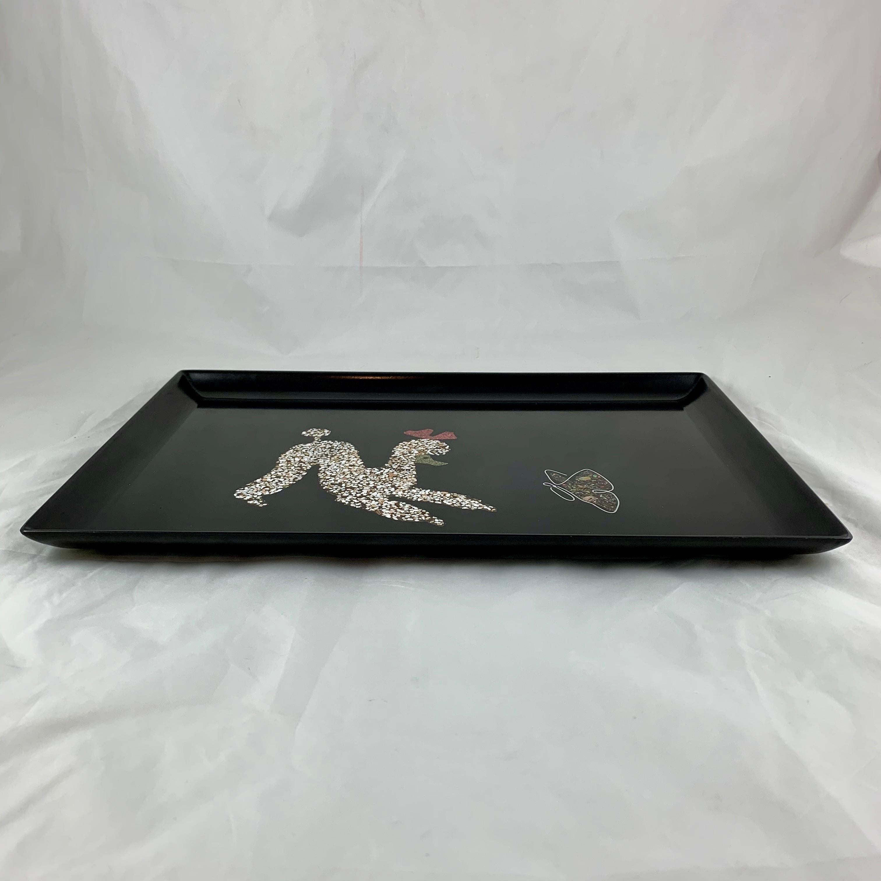 Hand-Crafted Mid-Century Couroc Poodle and Butterfly Shell & Stone Inlay Phenolic Resin Tray