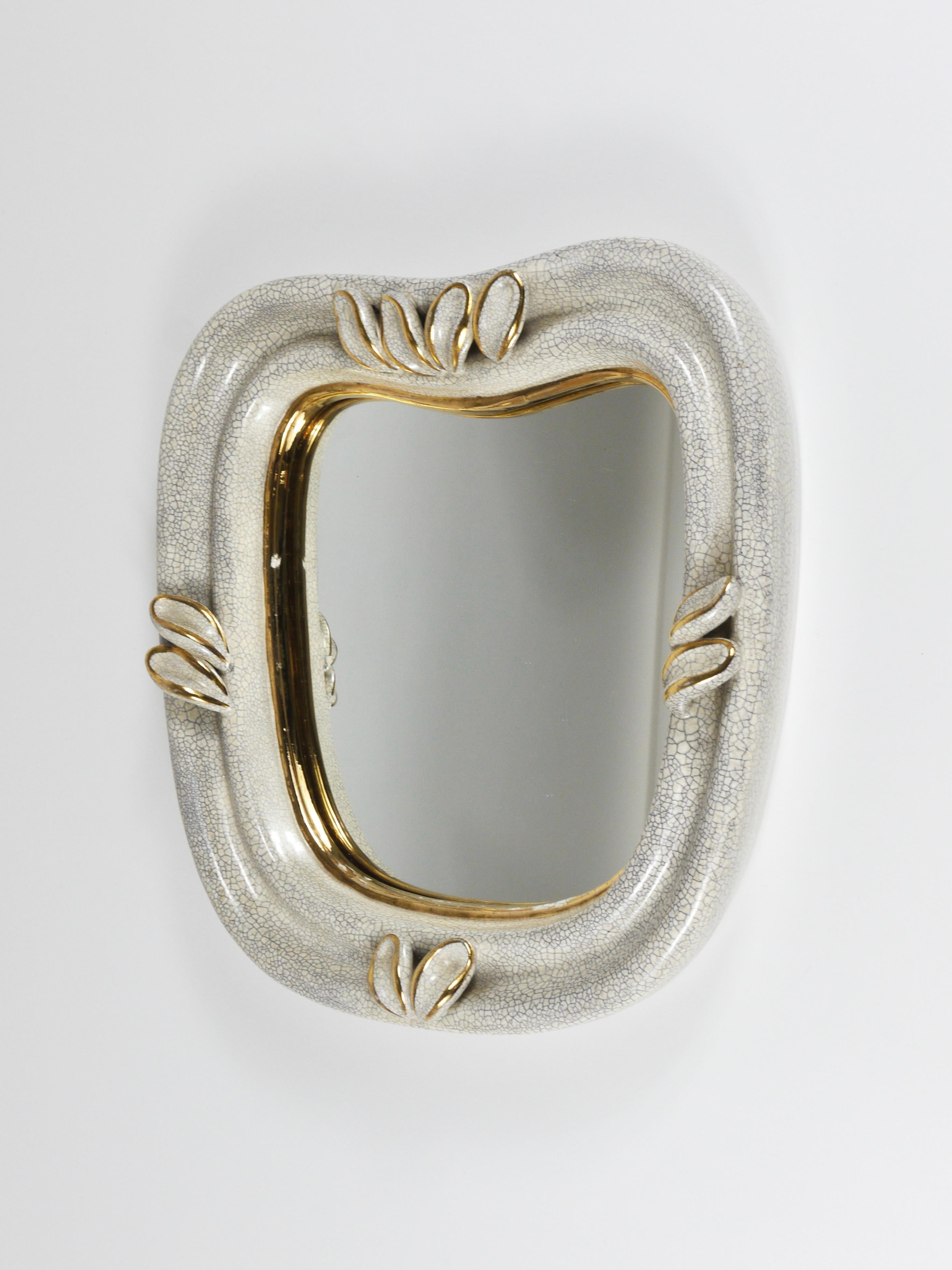 Austrian MidCentury Craquelé Gold Leaves Terracotta Wall Mirror by Gmundner Keramik, 1950