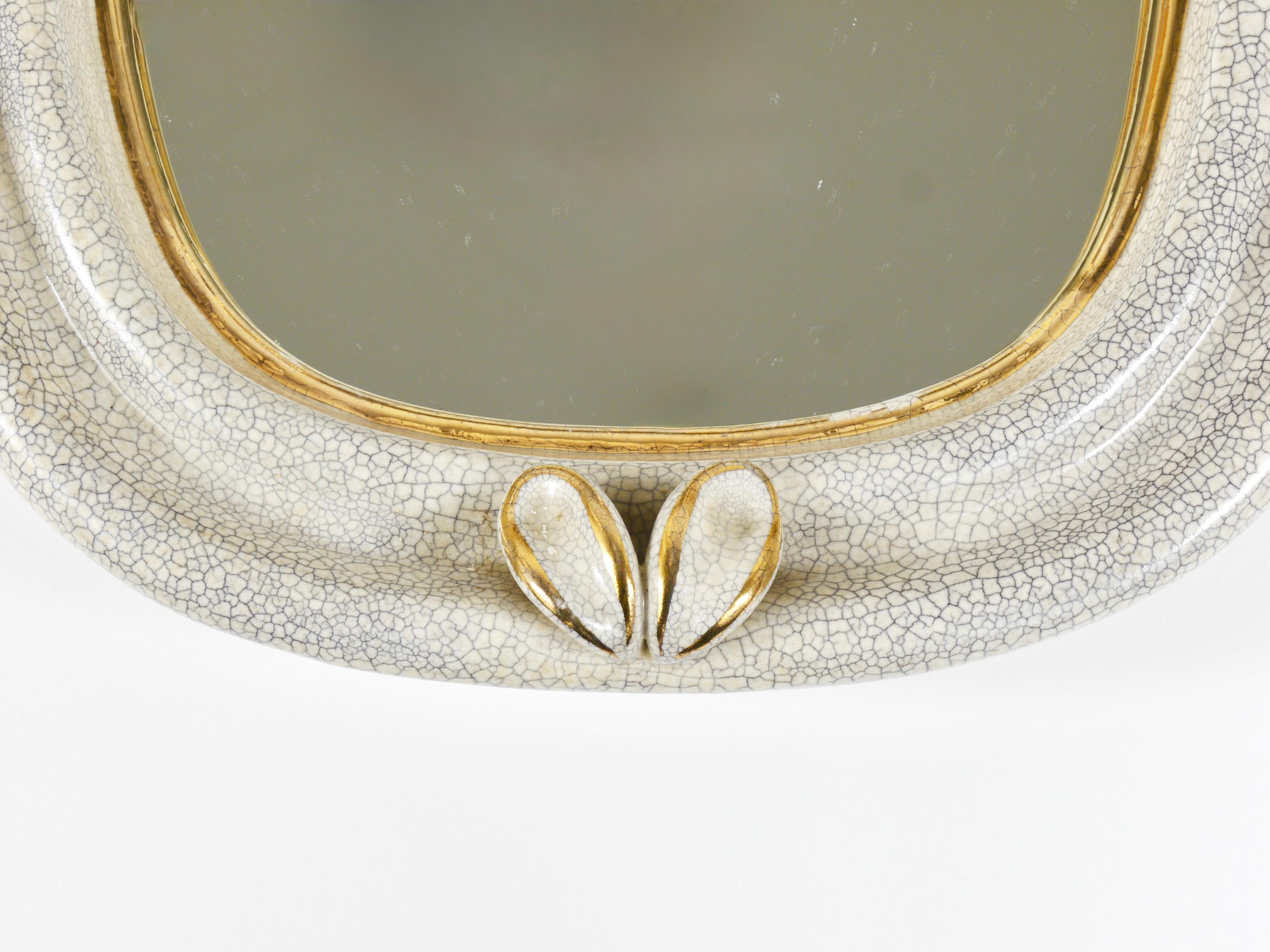 20th Century MidCentury Craquelé Gold Leaves Terracotta Wall Mirror by Gmundner Keramik, 1950