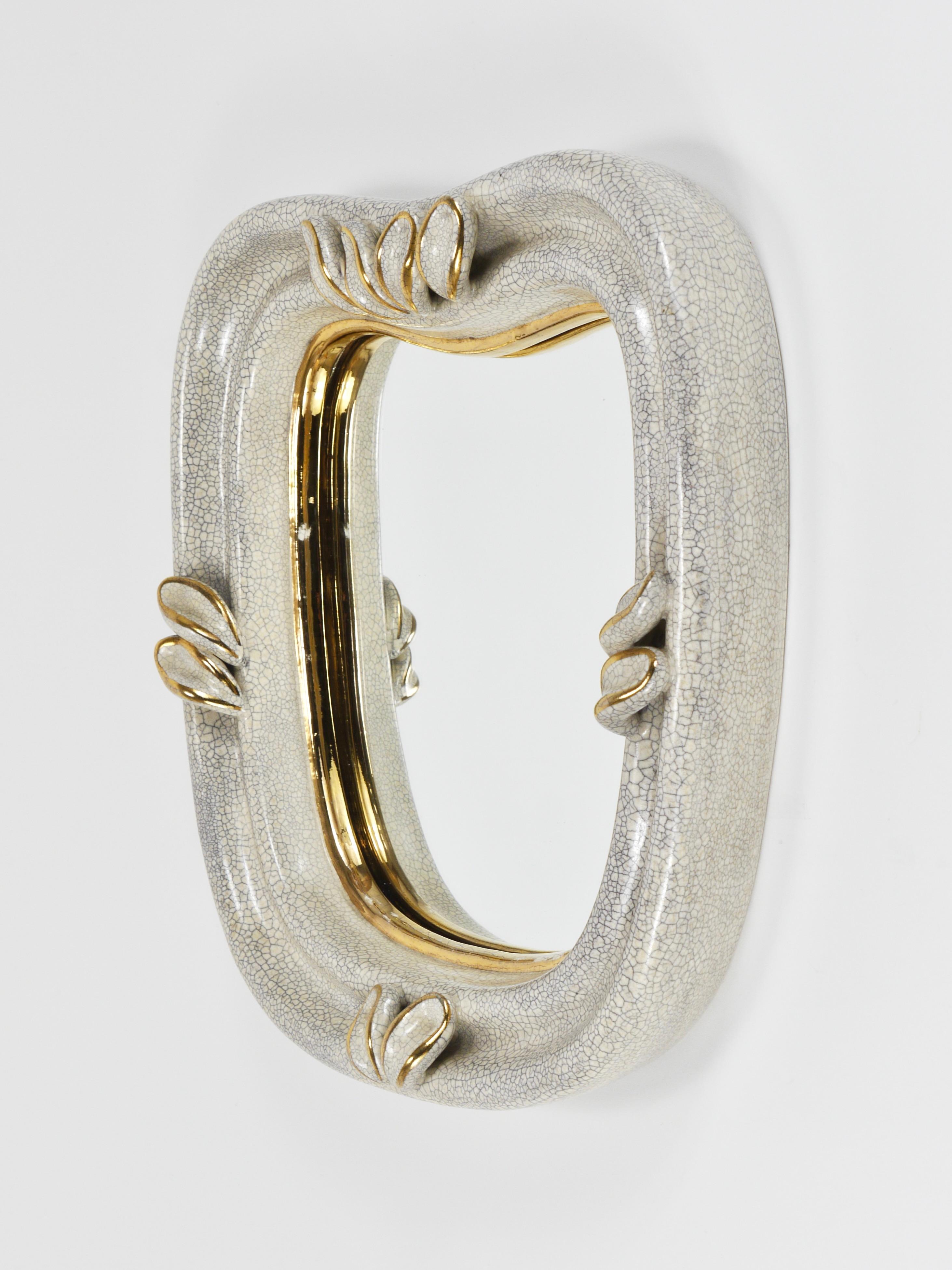 Ceramic MidCentury Craquelé Gold Leaves Terracotta Wall Mirror by Gmundner Keramik, 1950