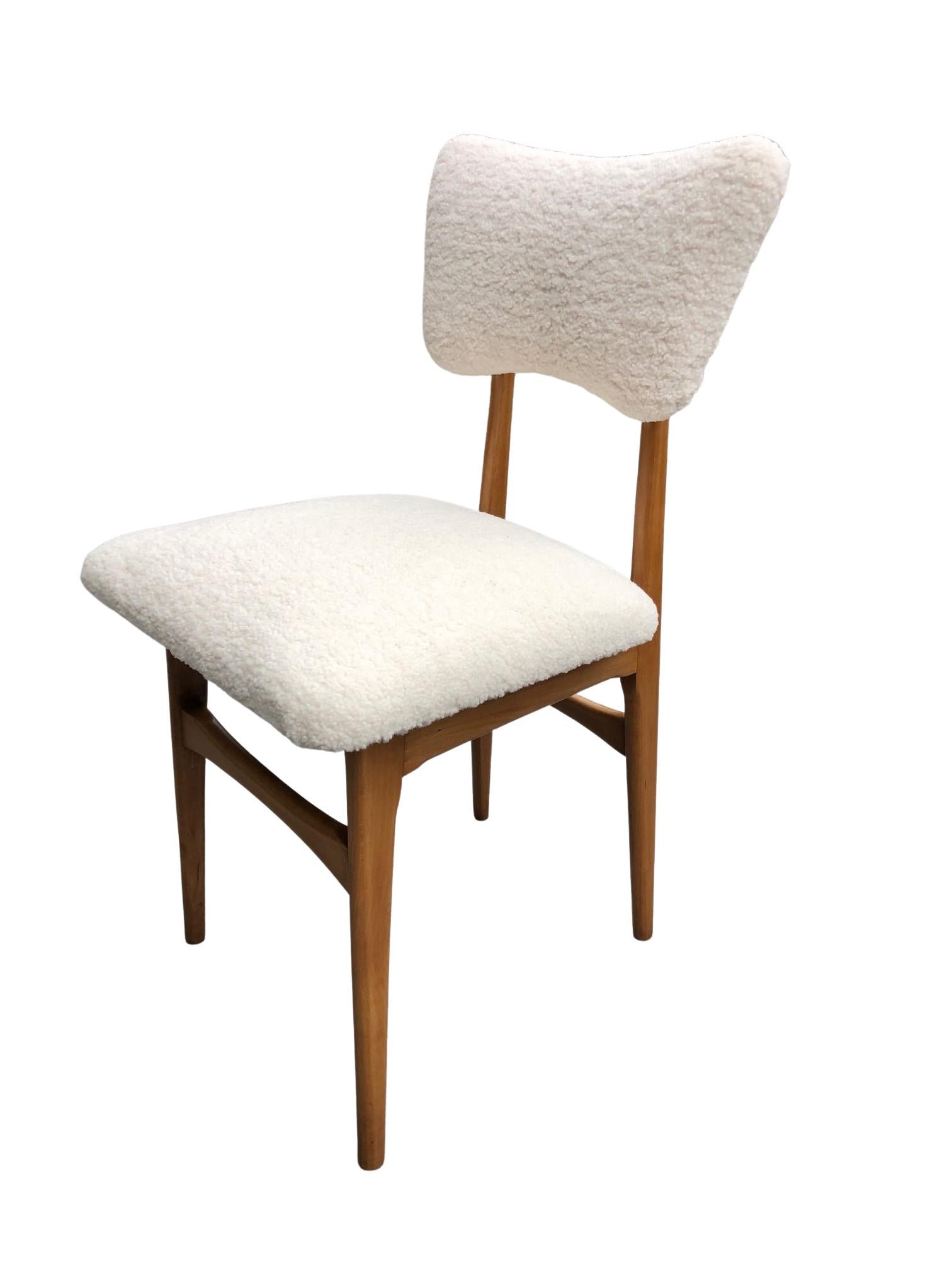 Polish Midcentury Cream Bouclé and Wood Dining Chair, Europe, 1960s For Sale