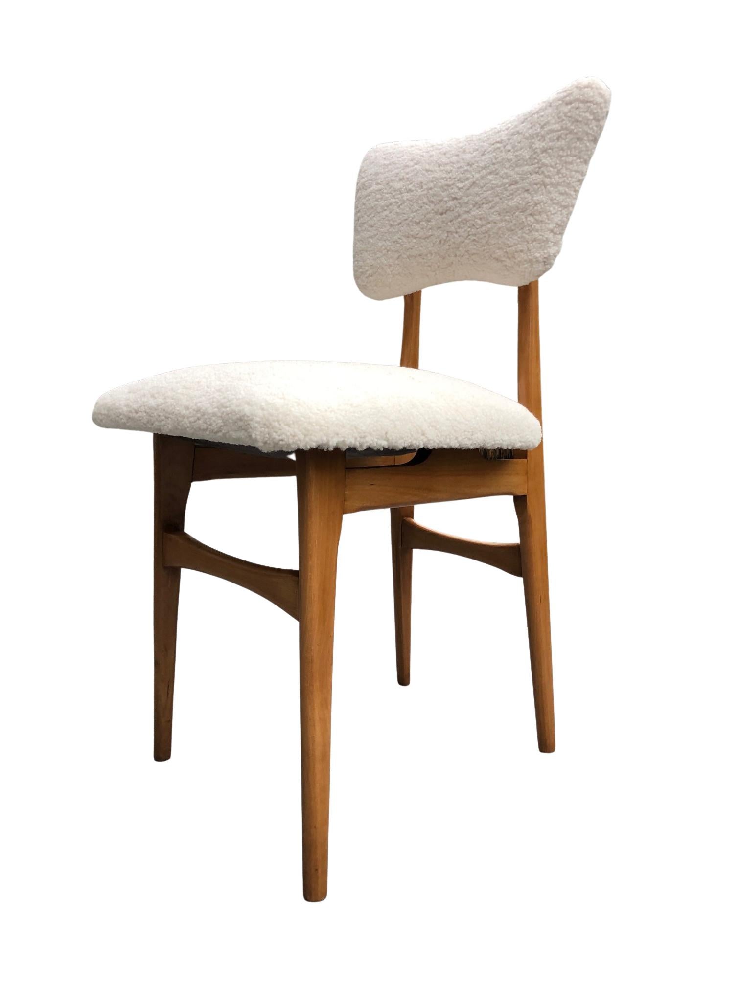 Hand-Crafted Midcentury Cream Bouclé and Wood Dining Chair, Europe, 1960s For Sale