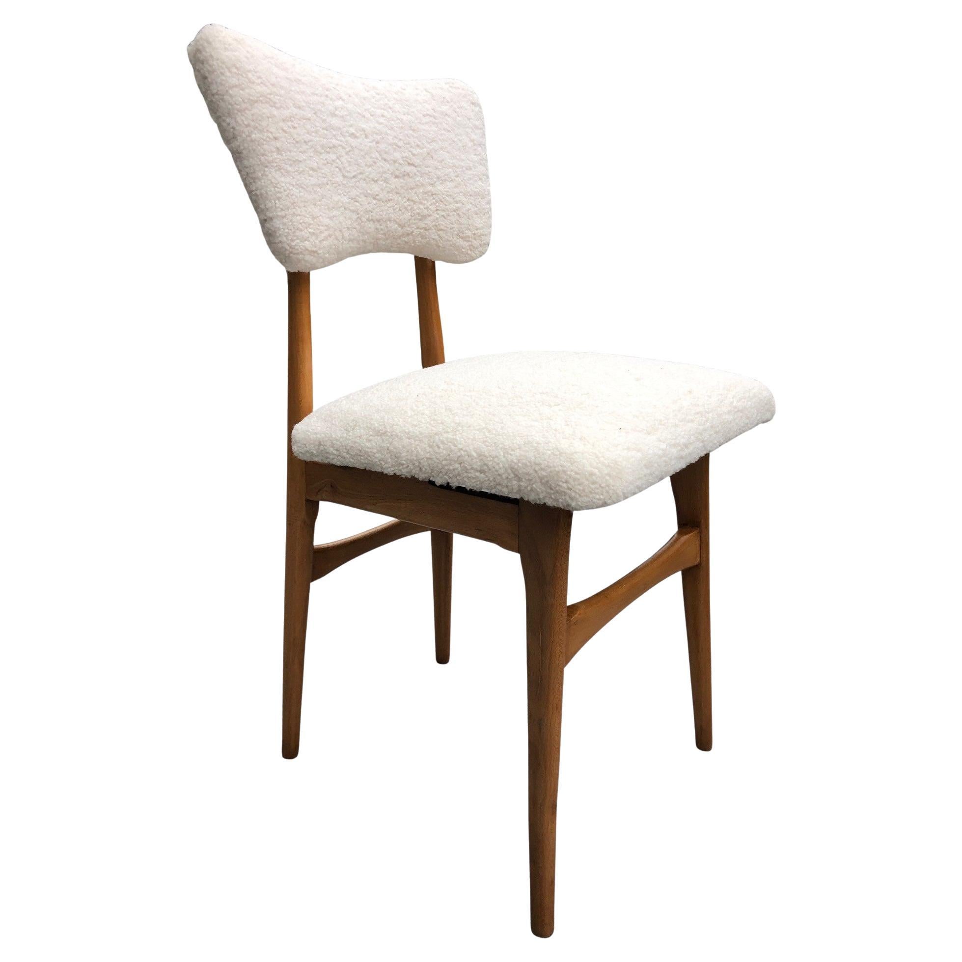 Midcentury Cream Bouclé and Wood Dining Chair, Europe, 1960s For Sale