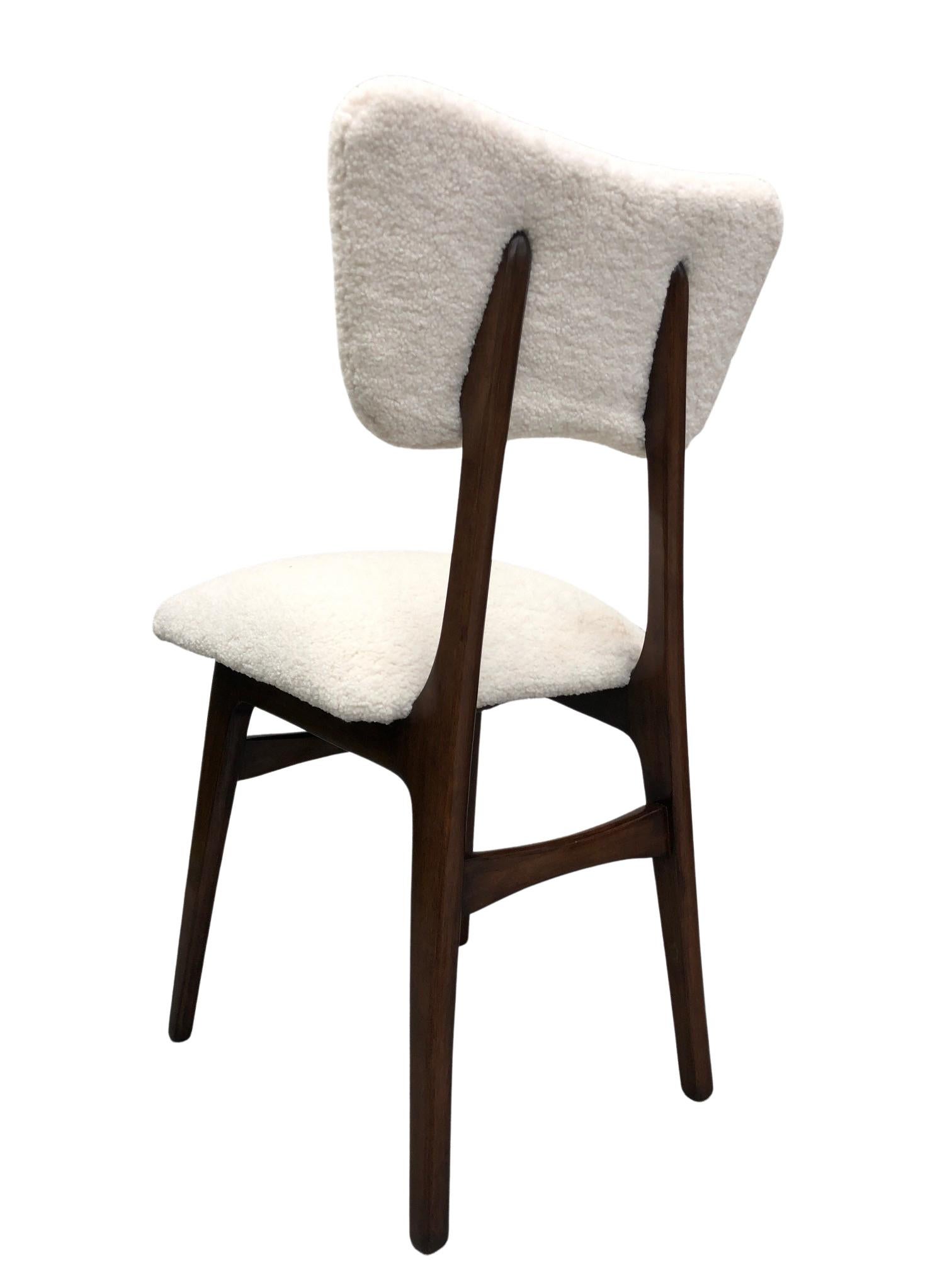 Polish Midcentury Cream Bouclé and Wood Dining Chairs, Europe, 1960s, Set of Eight For Sale