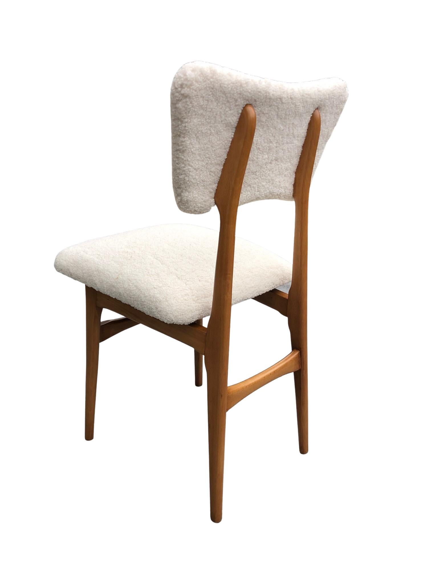 20th Century Midcentury Cream Bouclé and Wood Dining Chairs, Europe, 1960s, Set of Two For Sale