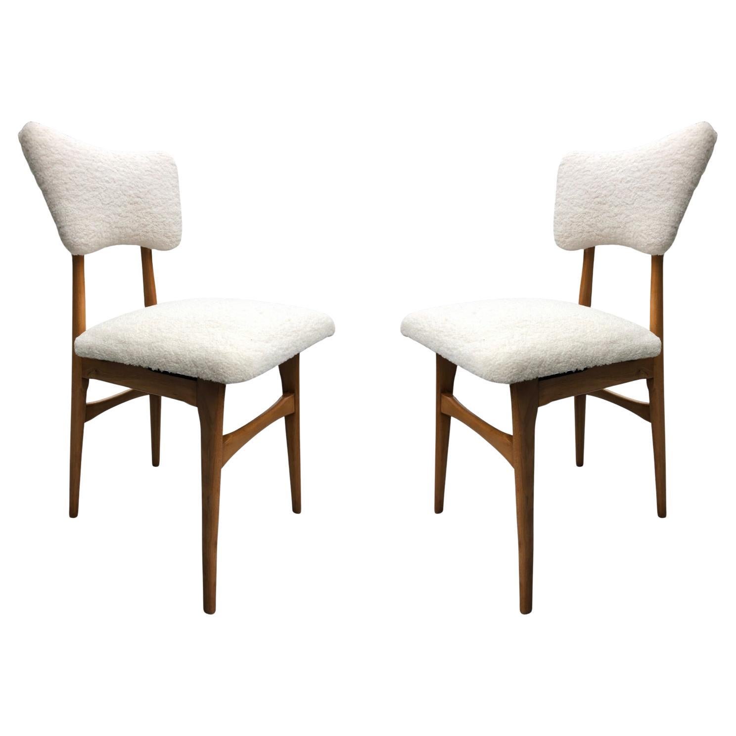 Midcentury Cream Bouclé and Wood Dining Chairs, Europe, 1960s, Set of Two For Sale