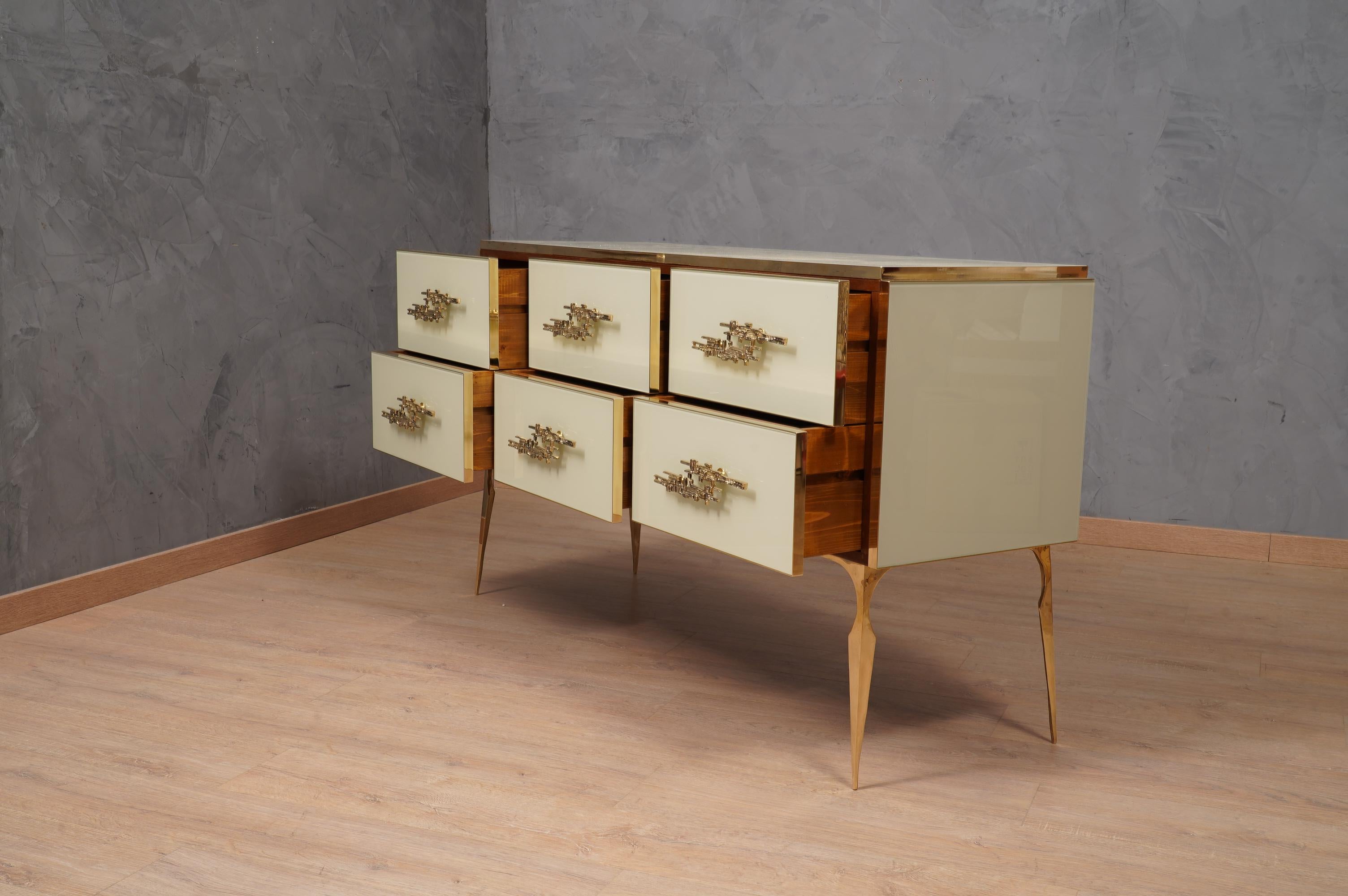  Midcentury Cream Color Glass and Brass Commode, 1980 4