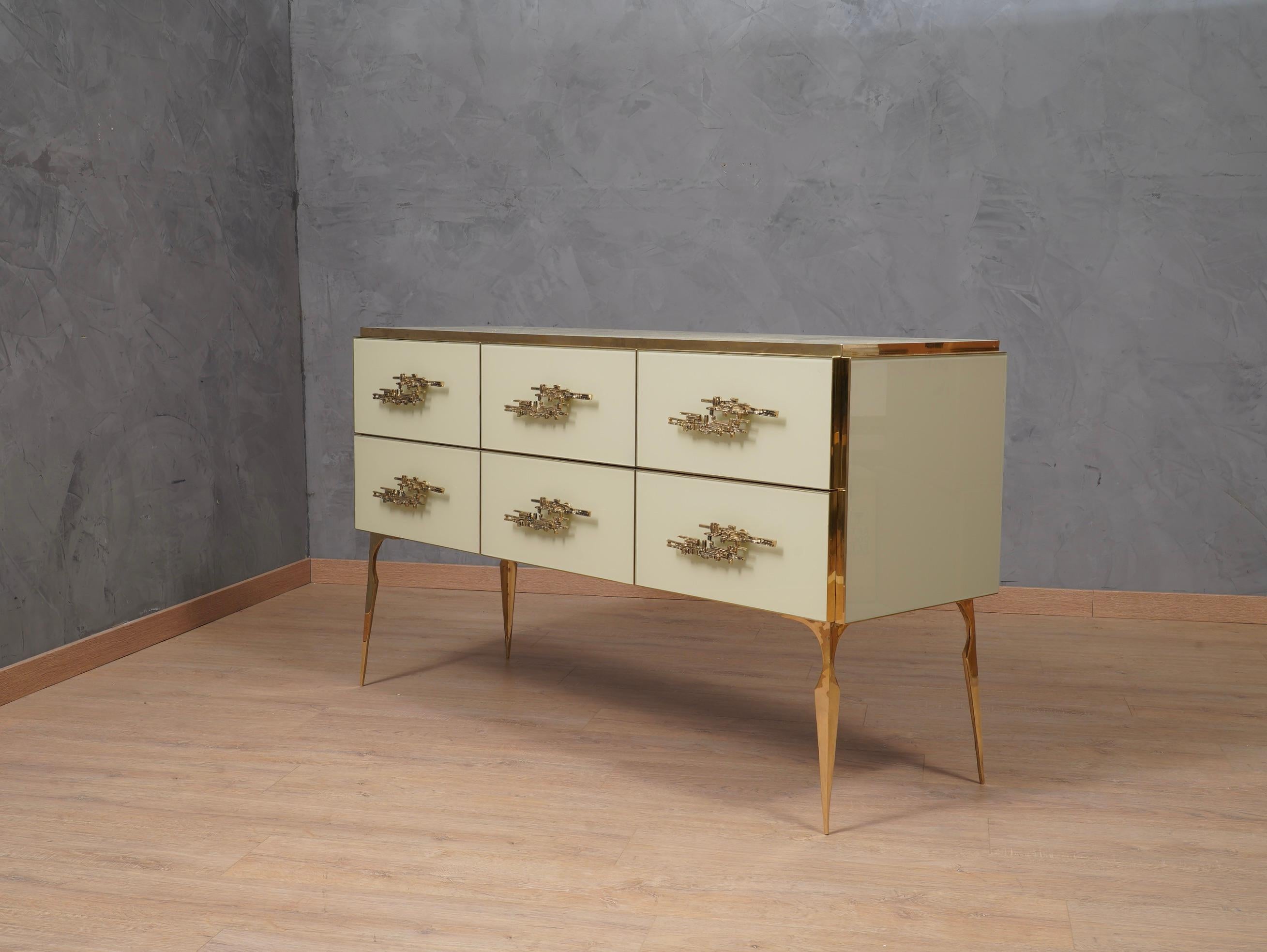  Midcentury Cream Color Glass and Brass Commode, 1980 5