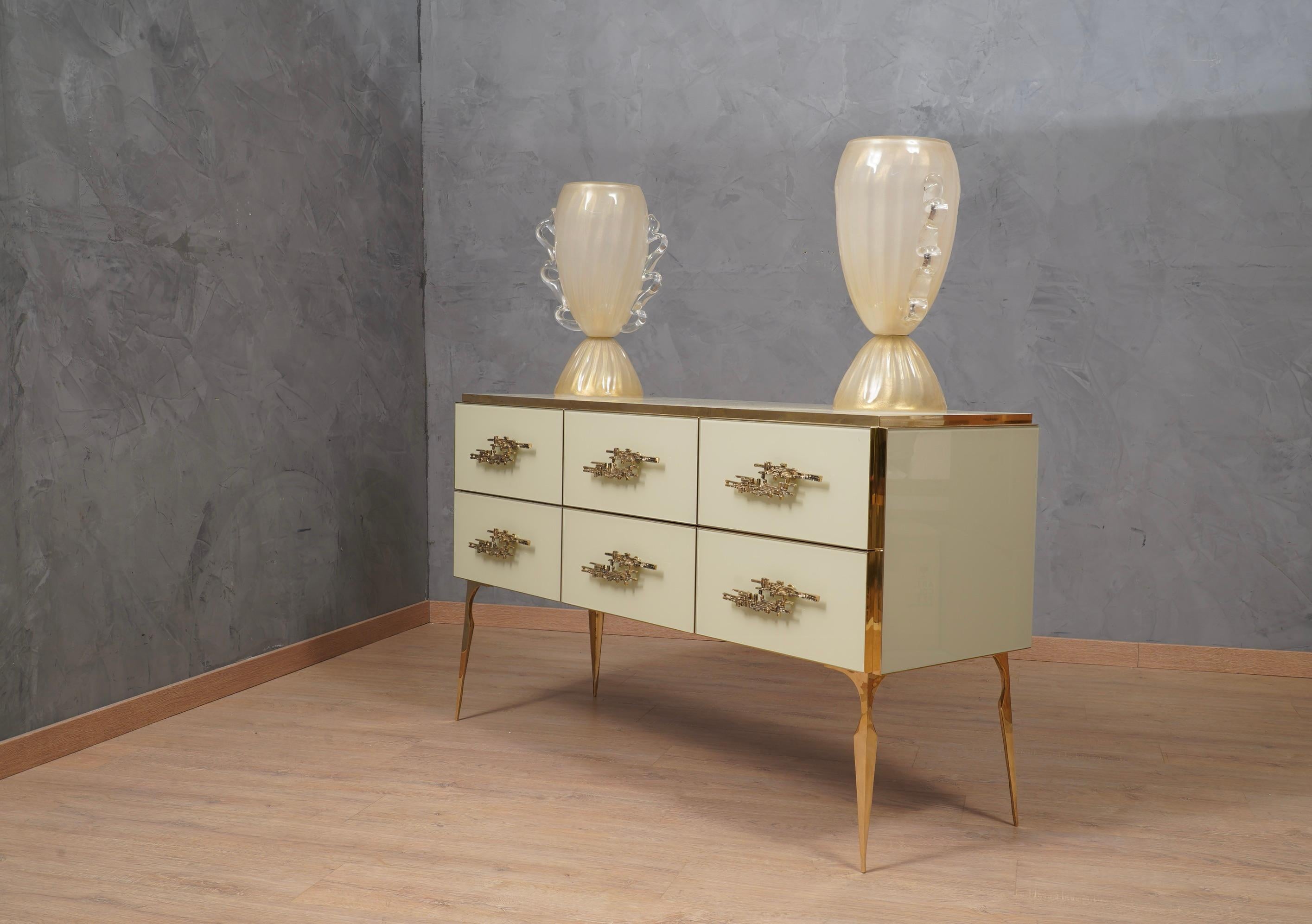 Mid-Century Modern  Midcentury Cream Color Glass and Brass Commode, 1980