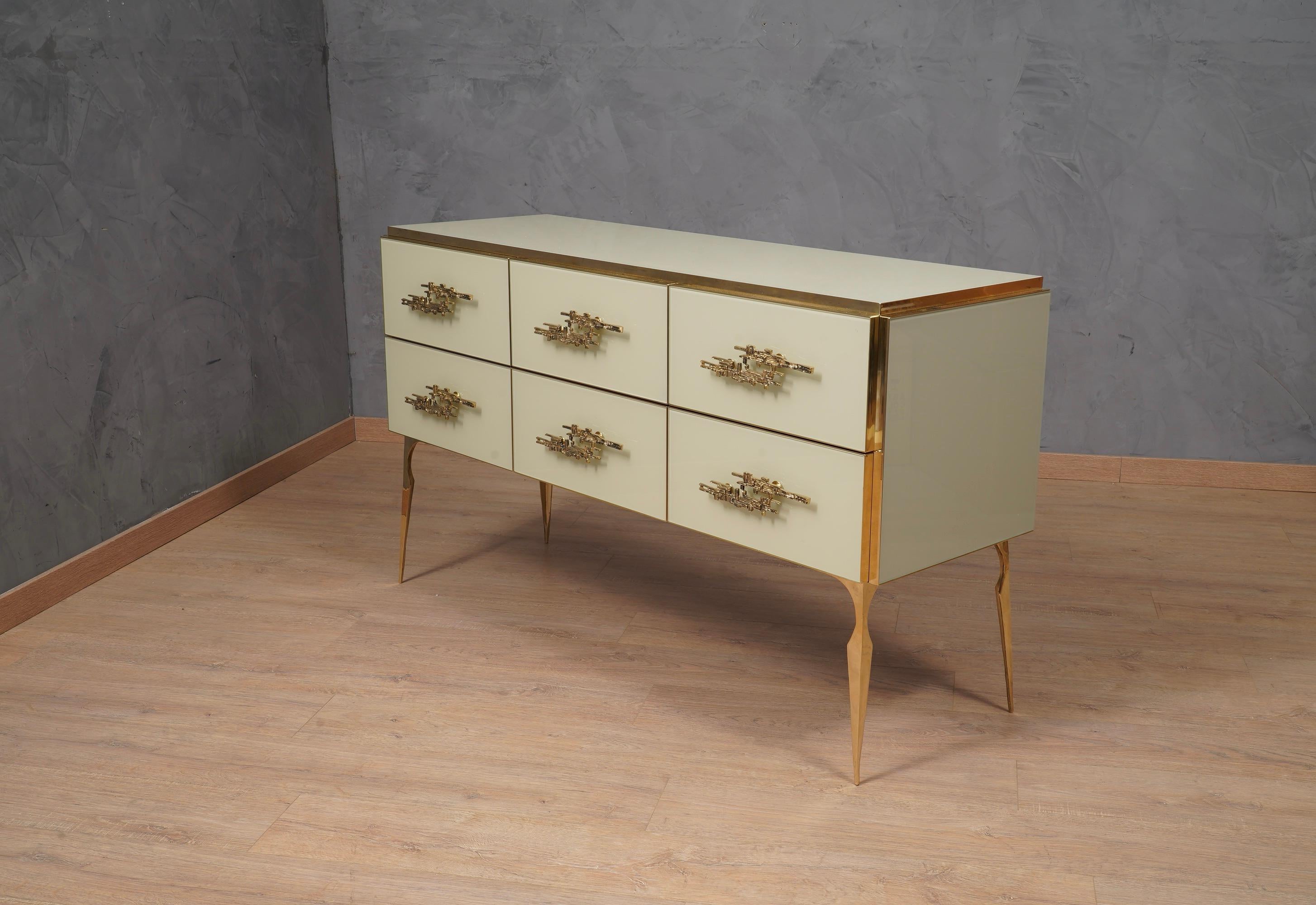 Italian  Midcentury Cream Color Glass and Brass Commode, 1980