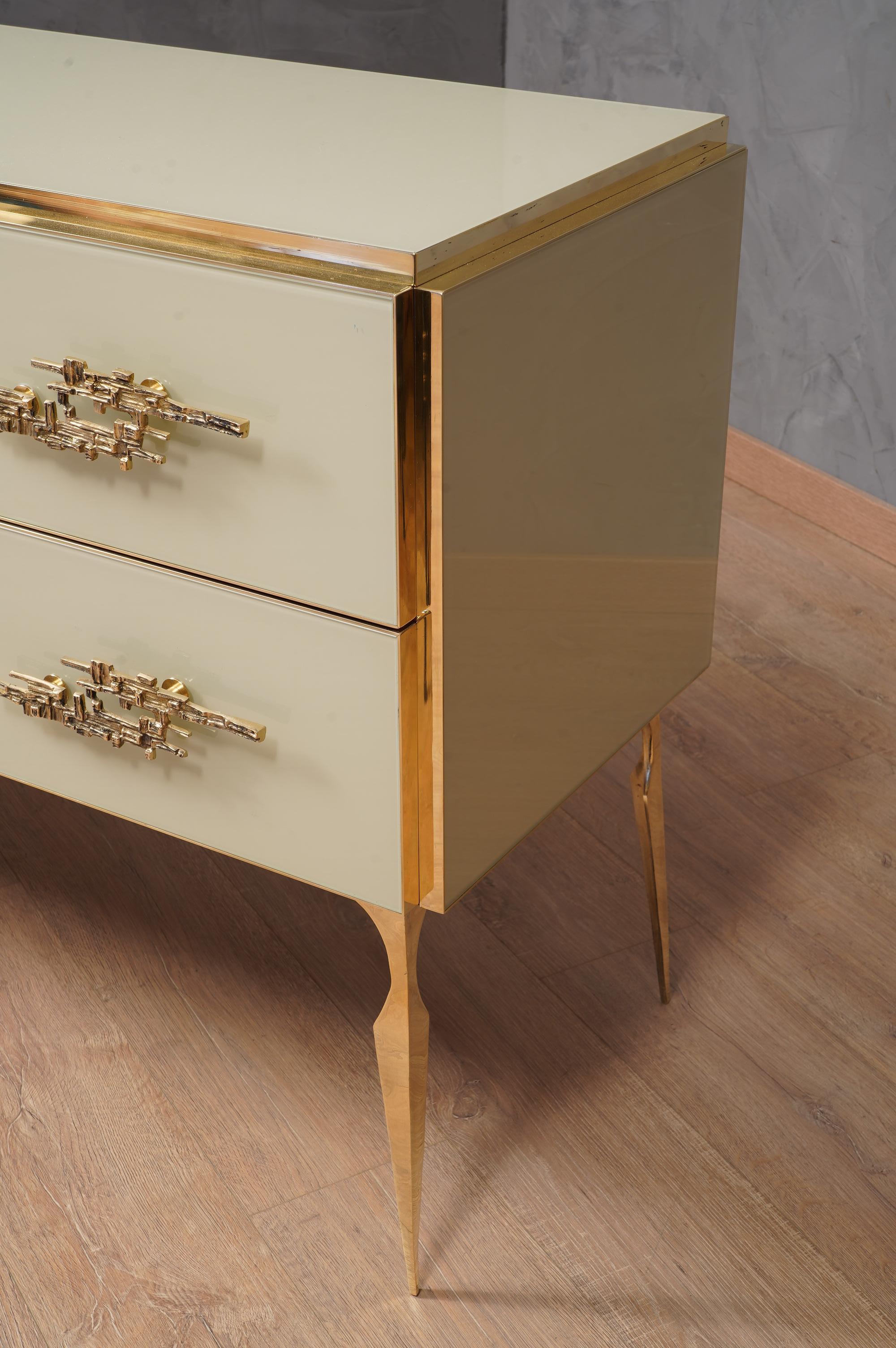 Late 20th Century  Midcentury Cream Color Glass and Brass Commode, 1980