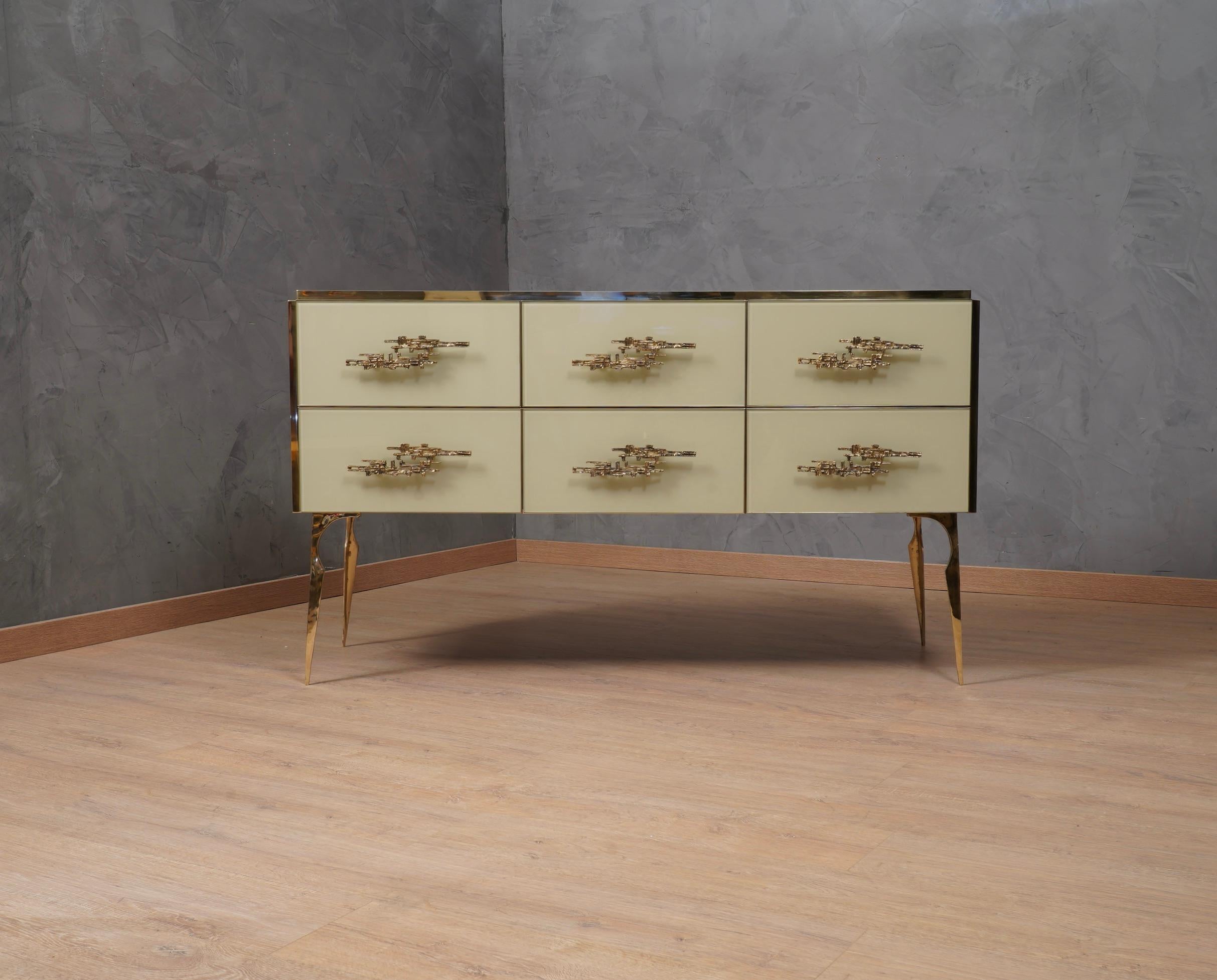  Midcentury Cream Color Glass and Brass Commode, 1980 1