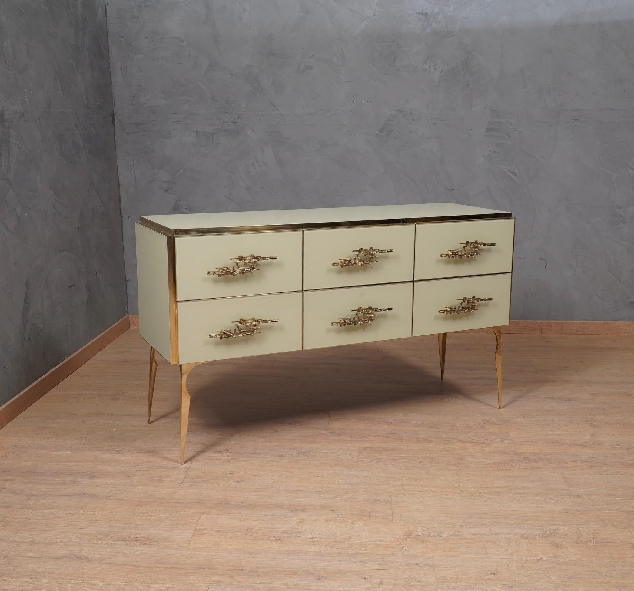  Midcentury Cream Color Glass and Brass Commode, 1980 3