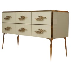  Midcentury Cream Color Glass and Brass Commode, 1980