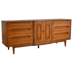 Vintage Midcentury Credenza Dresser with Mirror and Hexagon Paneled Design