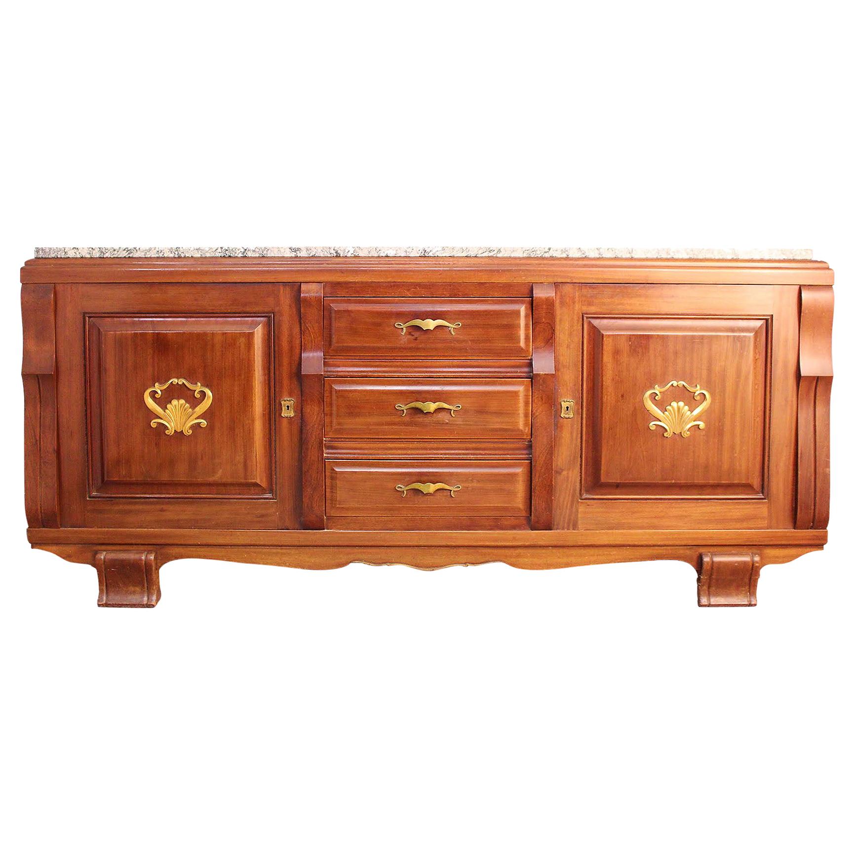 Midcentury Credenza Sideboard French Marble-Top Buffet, circa 1950-1960