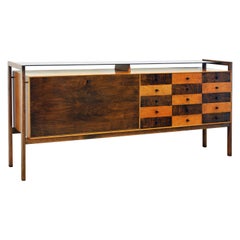 Midcentury Credenza with Bar Floating Glass Top and Checker Board Drawer Front