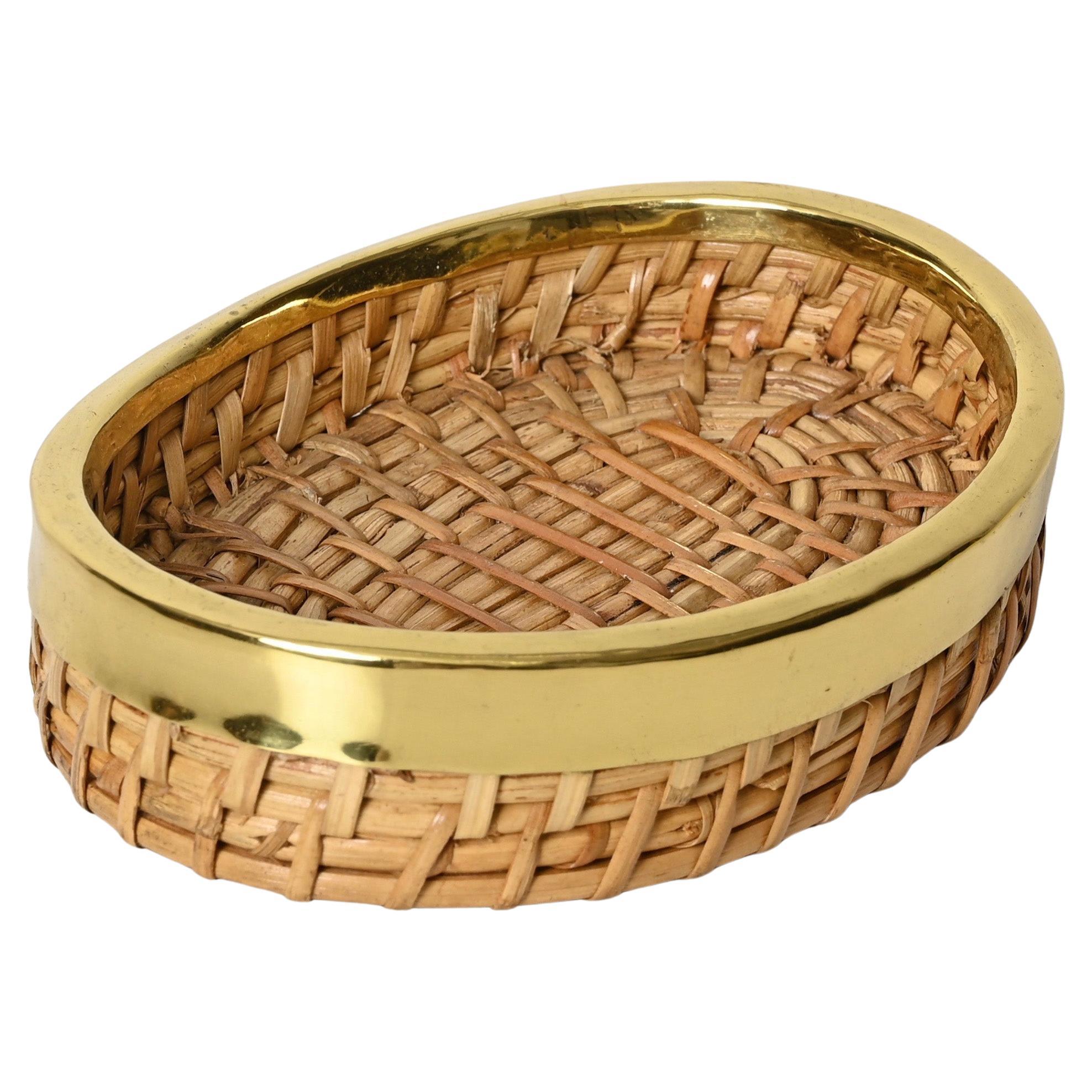 MidCentury Crespi Style Bowl or Catchall in Bamboo, Wicker and Brass, Italy 1970