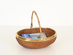 Midcentury Italian Centerpiece or Bowl in Rattan and Brass, 1970s