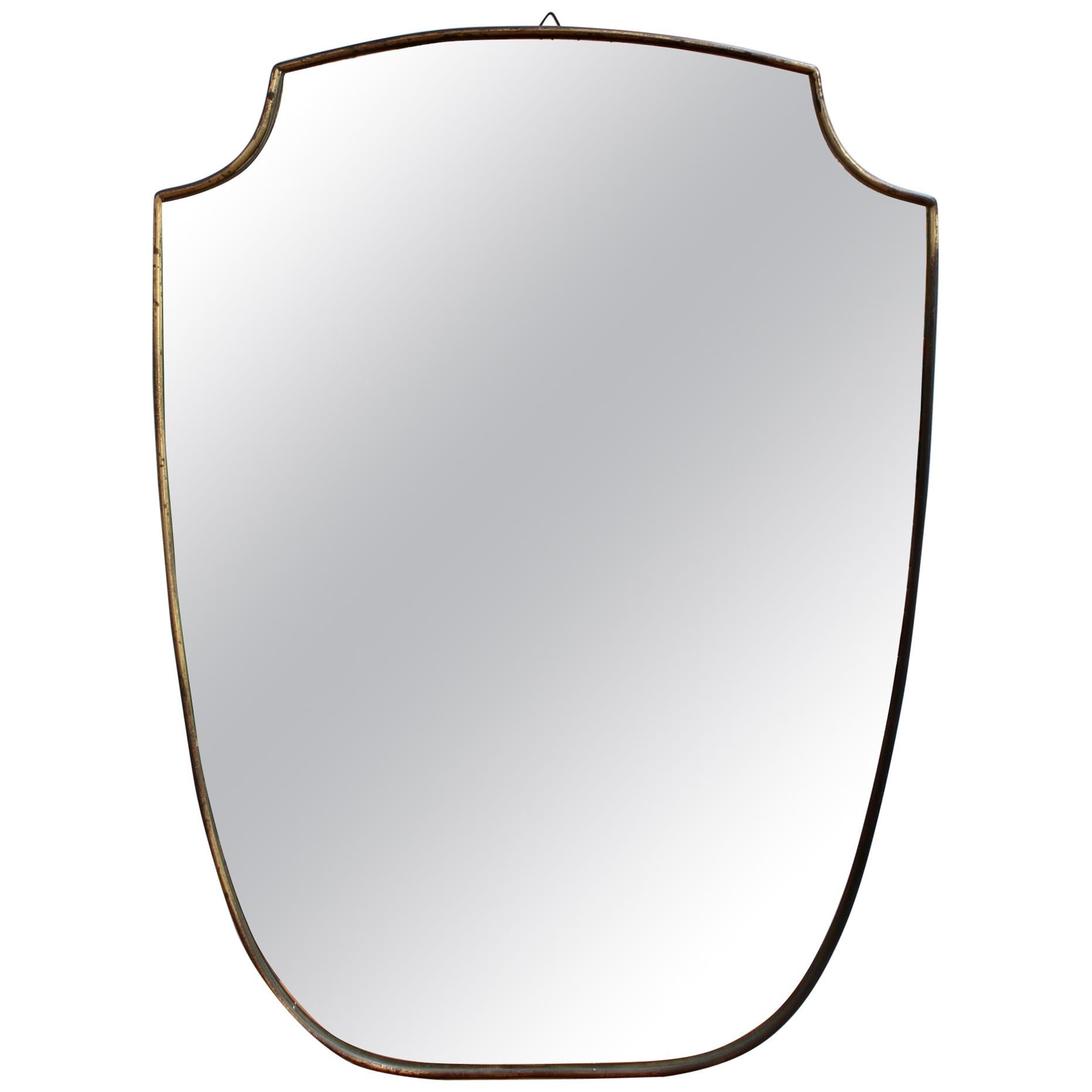 Midcentury Crest-Shaped Italian Wall Mirror with Brass Frame 'circa 1950s'