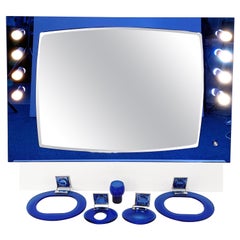 Midcentury Cristal Art Blue Glass and Chrome Italian Illuminated Mirror, 1970s