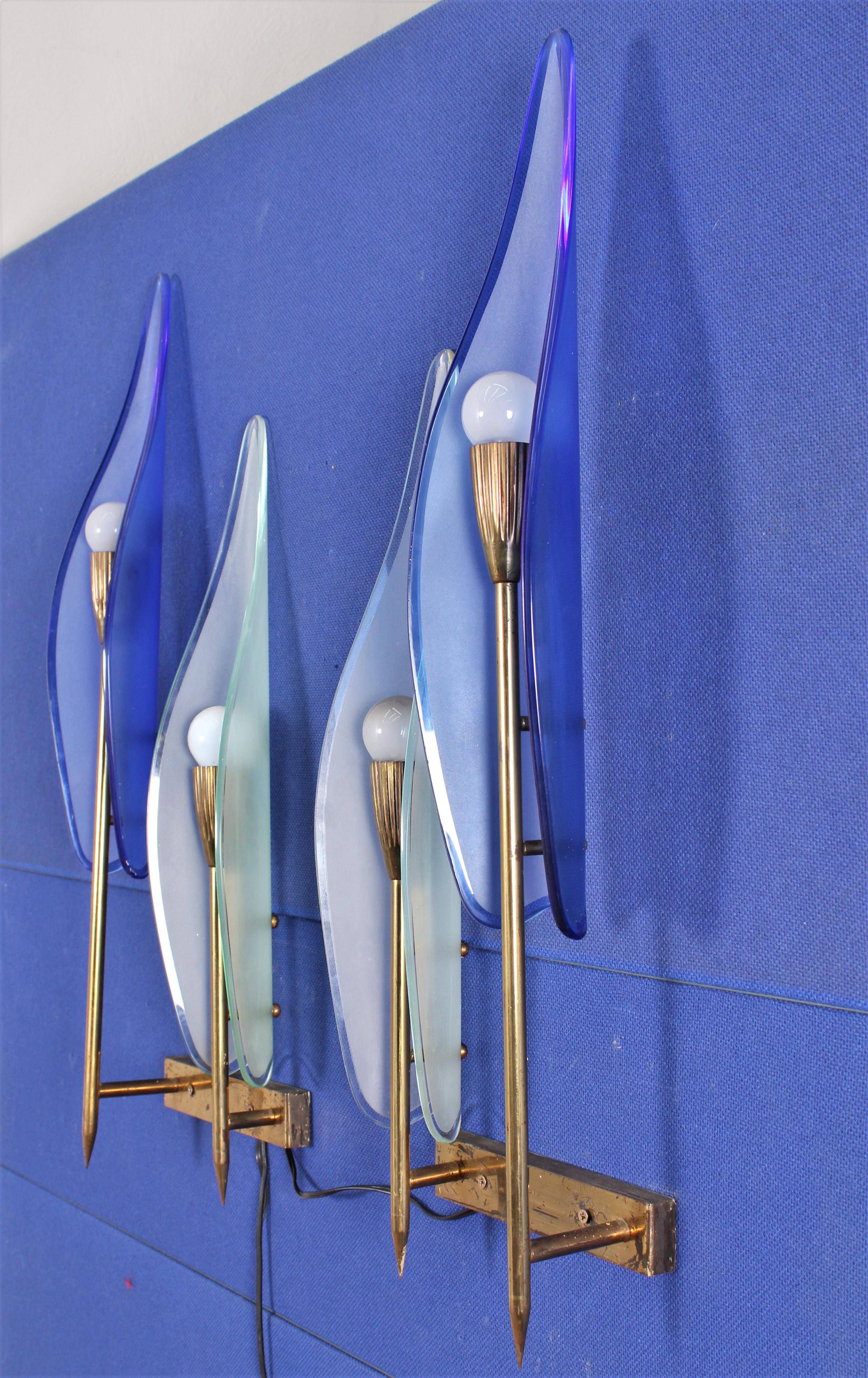 Mid-Century Modern Midcentury Cristal Art Curved Colored Satin Glass Sconces, Italy, Late 1950s