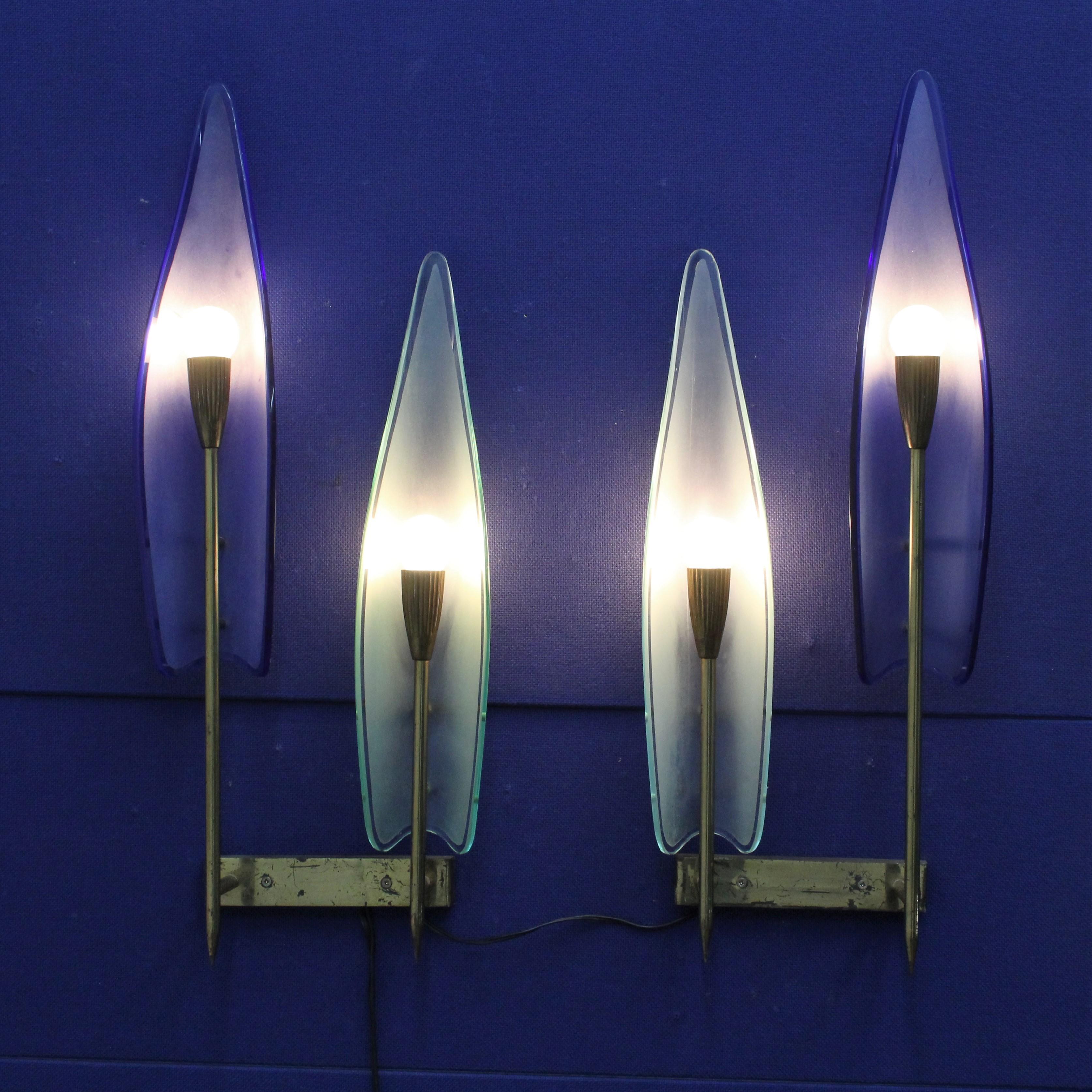 Midcentury Cristal Art Curved Colored Satin Glass Sconces, Italy, Late 1950s 1