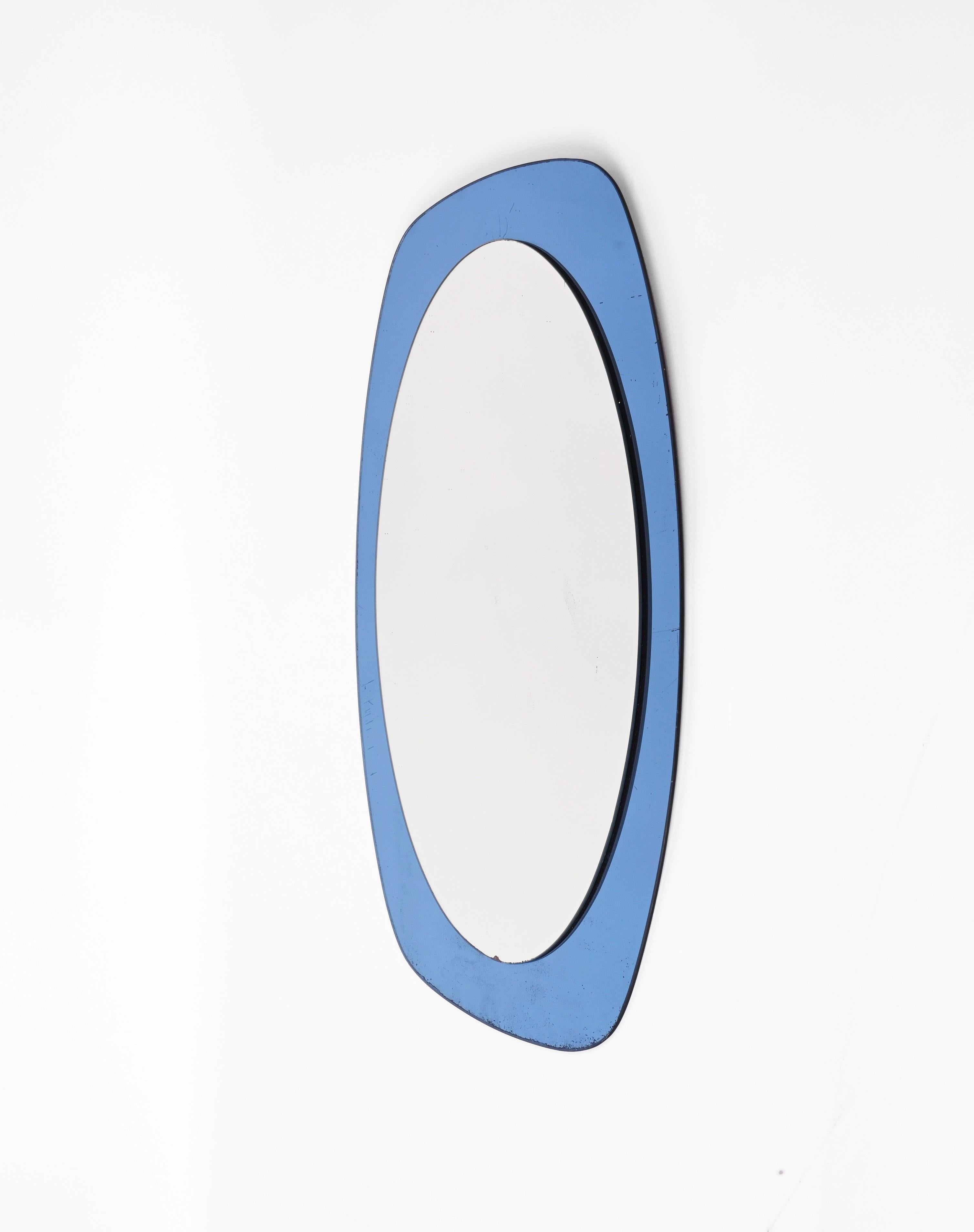 Mid-Century Modern Mid-Century Cristal Art Oval Italian Wall Mirror with Blue Glass Frame, 1960s