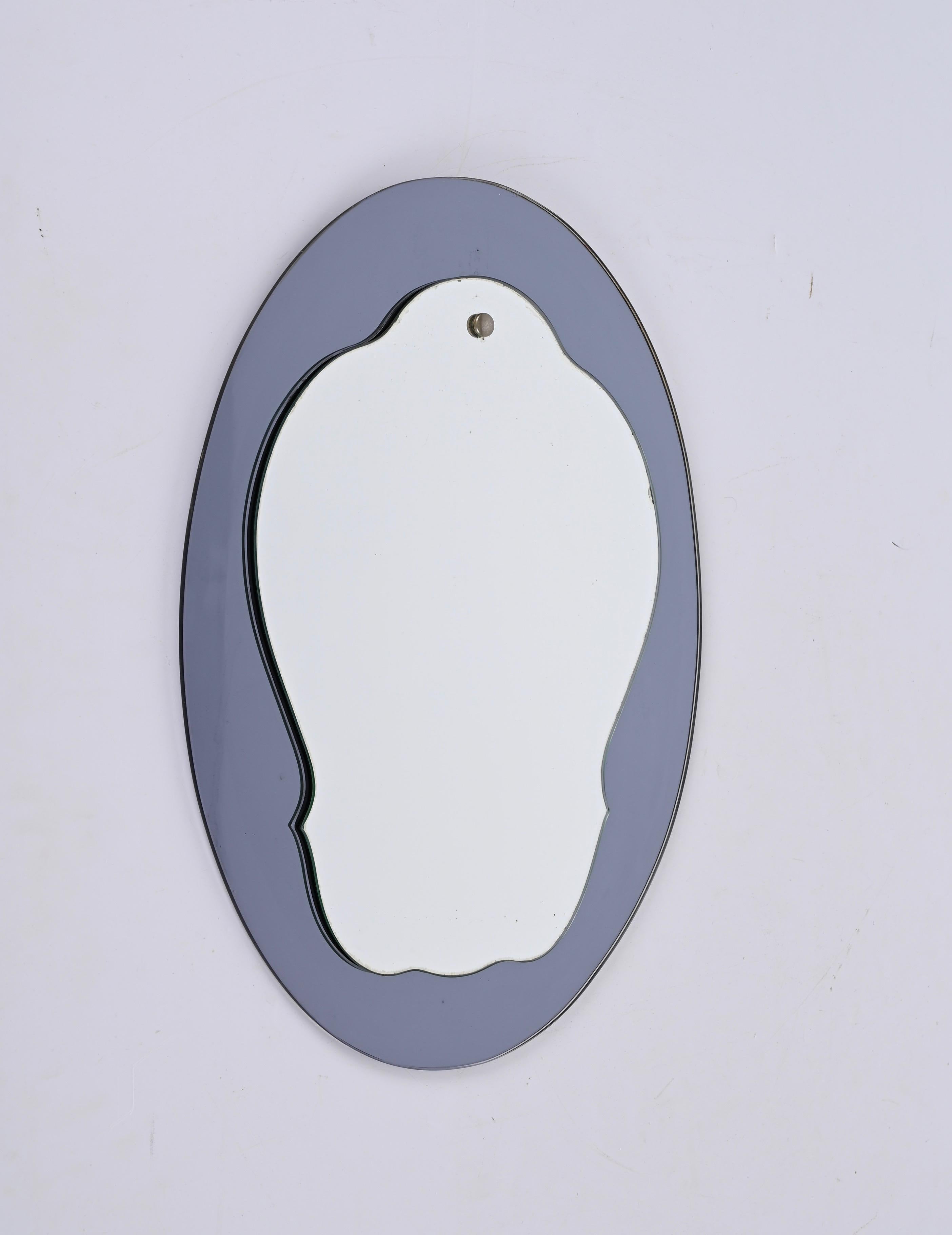 Midcentury Cristal Art Oval Italian Wall Mirror with Blue Glass Frame, 1960s In Good Condition For Sale In Roma, IT