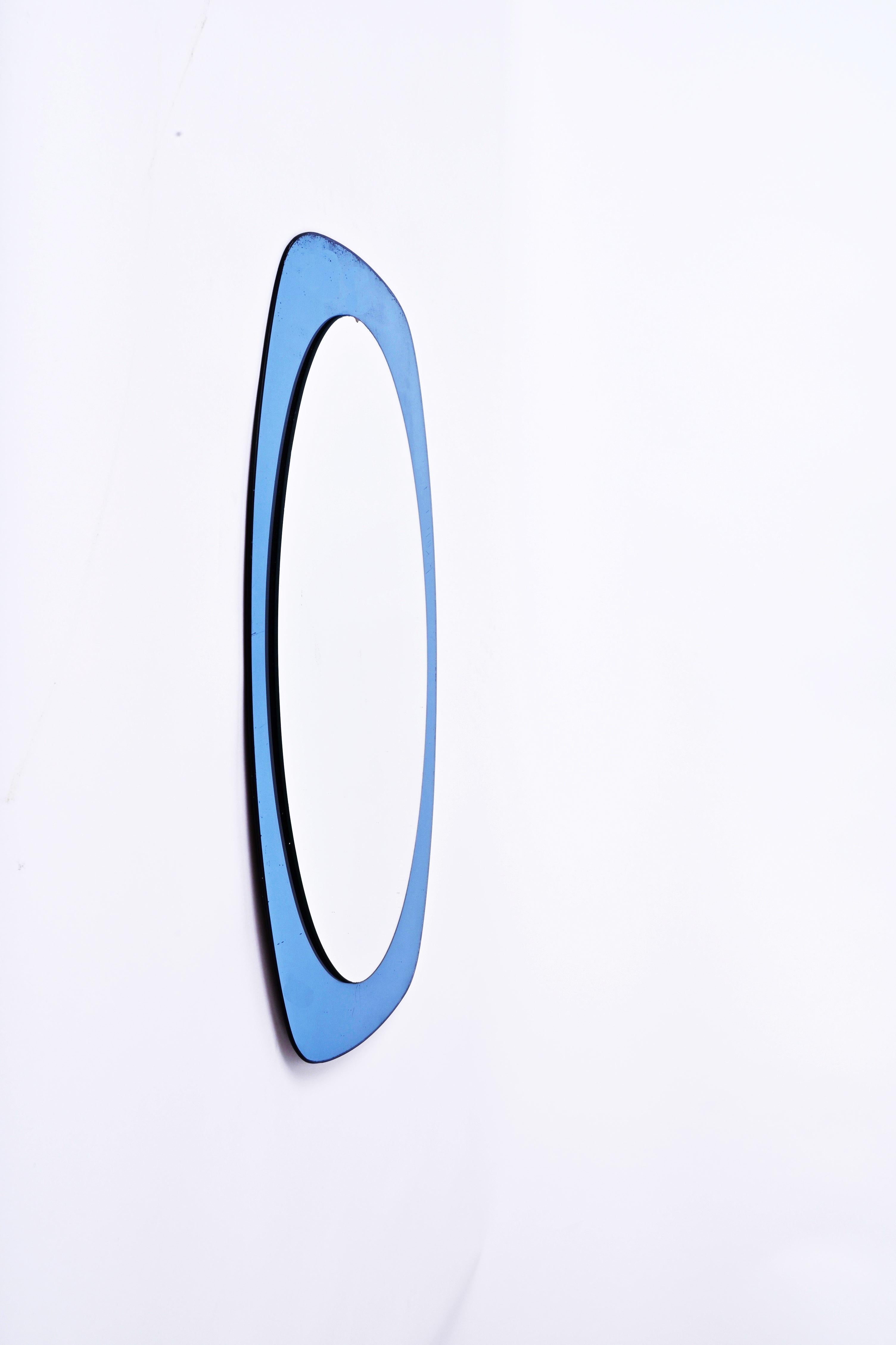Mid-20th Century Mid-Century Cristal Art Oval Italian Wall Mirror with Blue Glass Frame, 1960s
