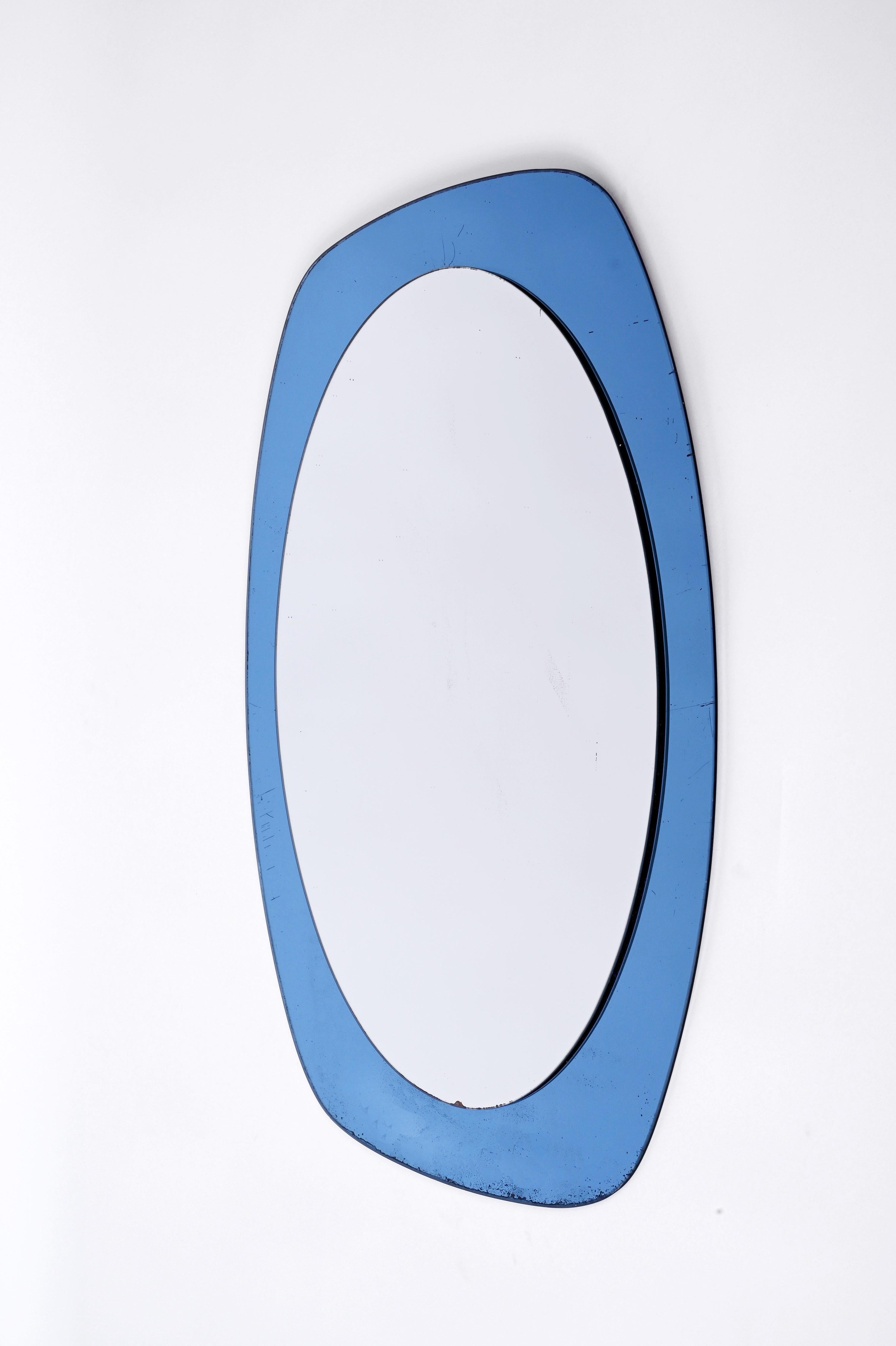 Mid-Century Cristal Art Oval Italian Wall Mirror with Blue Glass Frame, 1960s 1