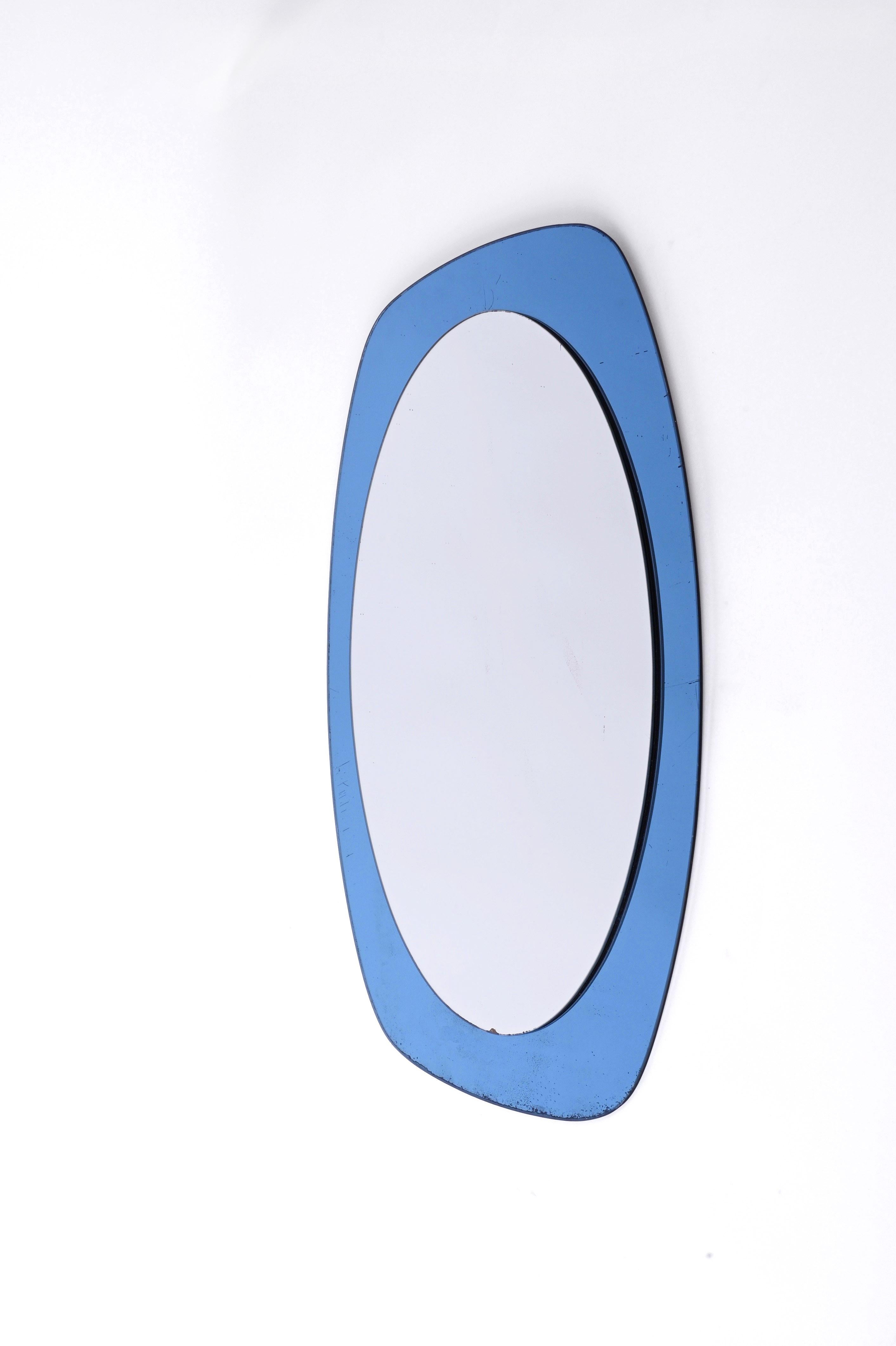 Mid-Century Cristal Art Oval Italian Wall Mirror with Blue Glass Frame, 1960s 3