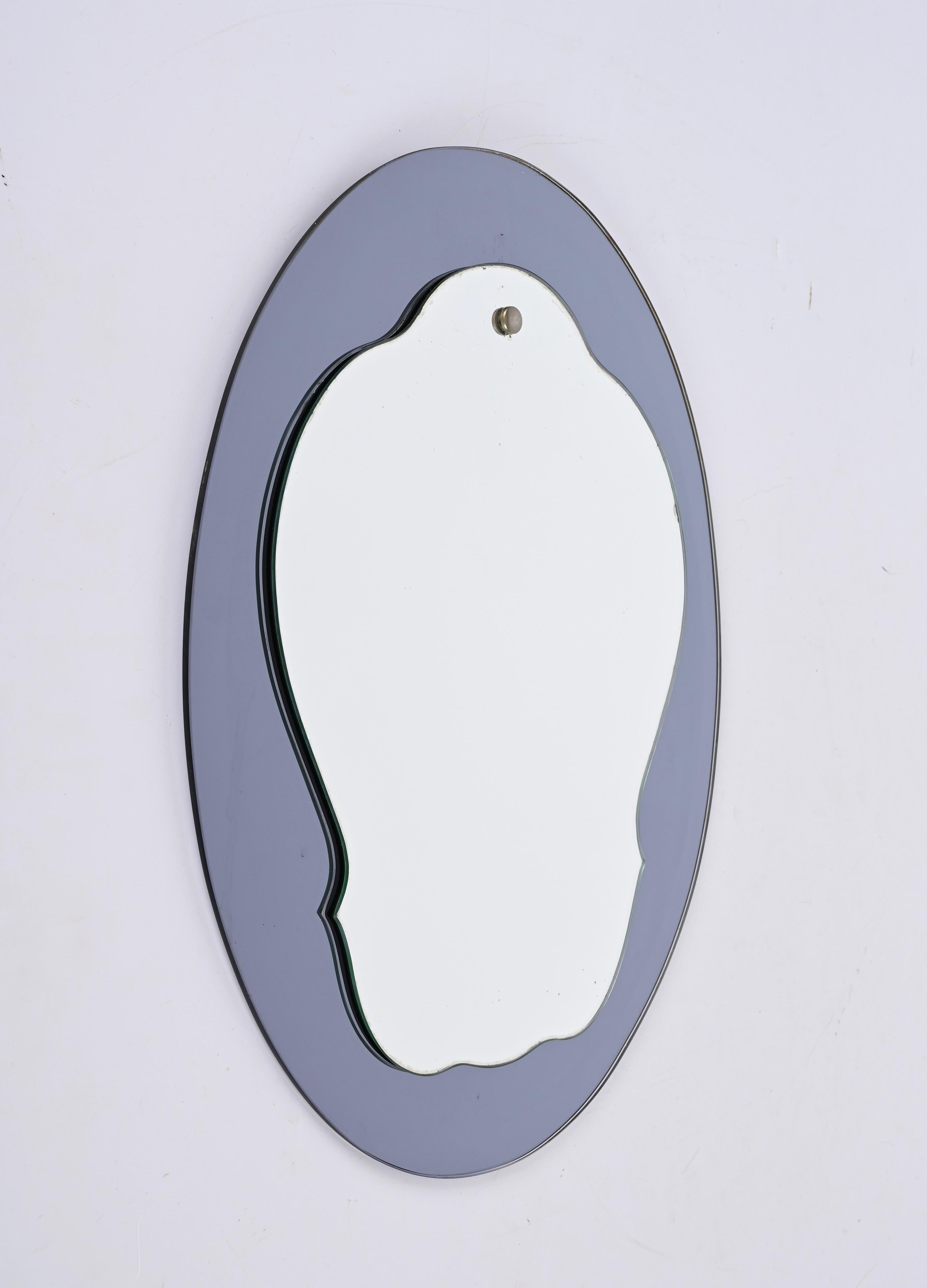Midcentury Cristal Art Oval Italian Wall Mirror with Blue Glass Frame, 1960s For Sale 4