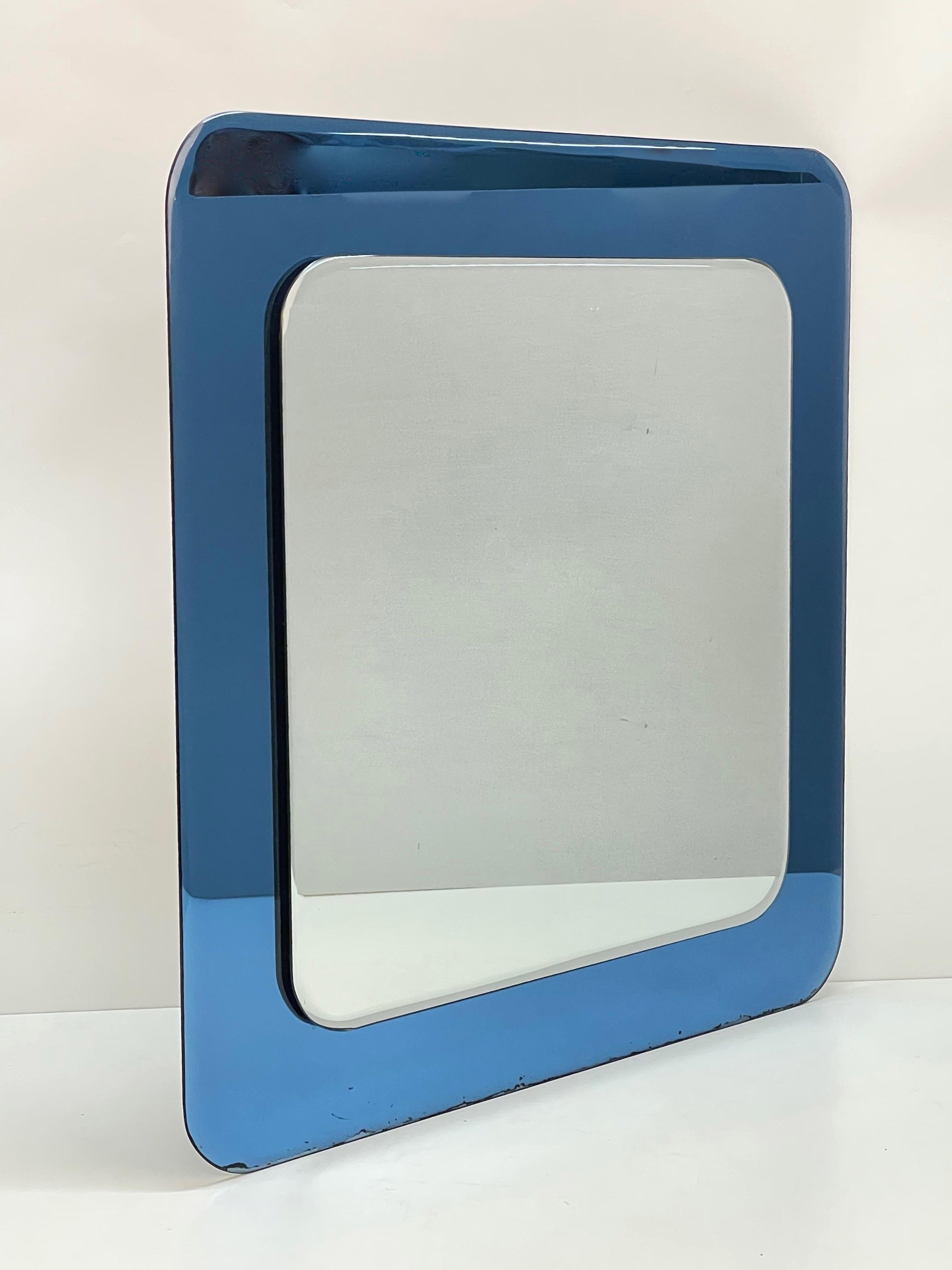 Midcentury Cristal Art Square Italian Wall Mirror with Blue Glass Frame, 1960s For Sale 5