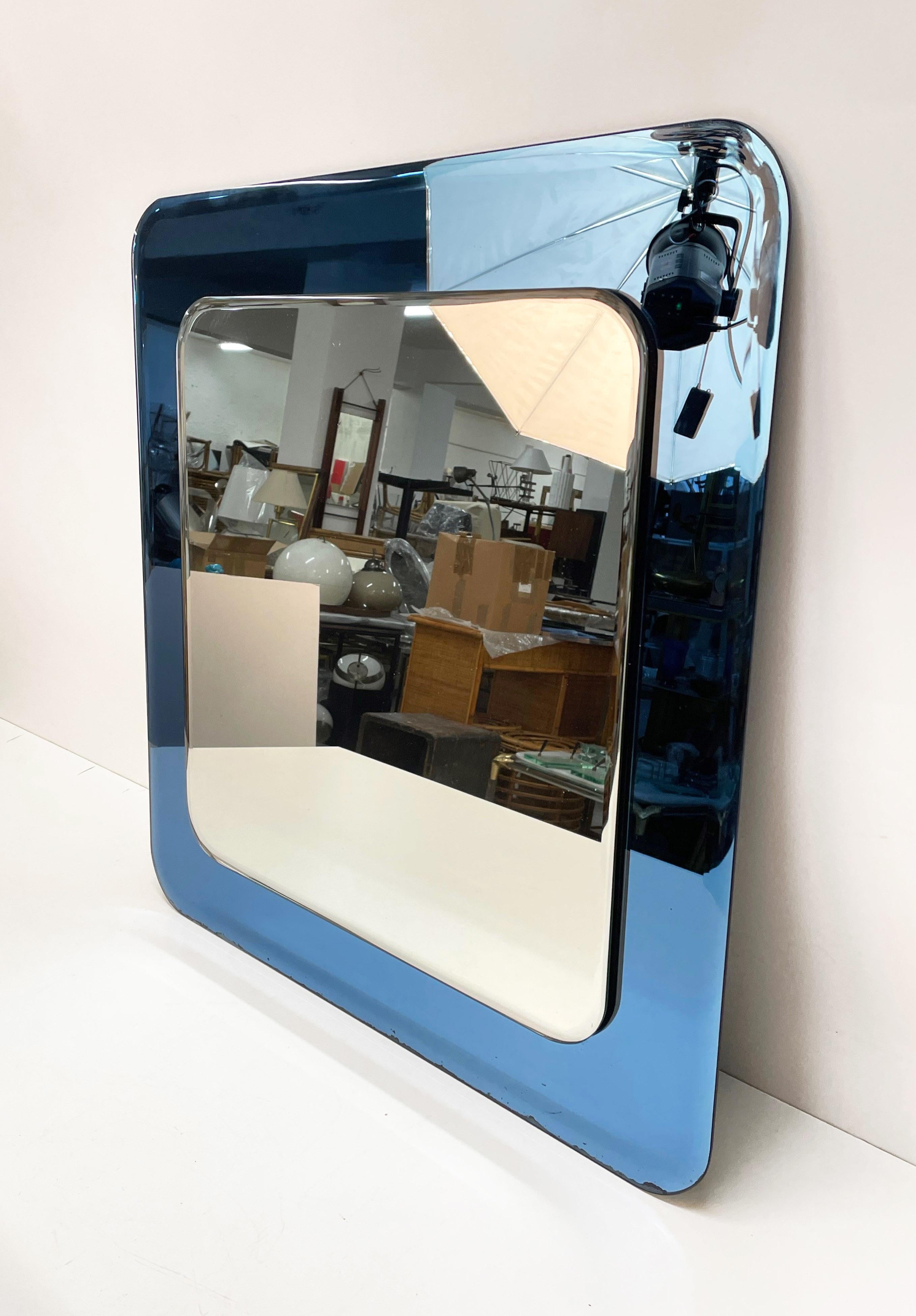 Midcentury Cristal Art Square Italian Wall Mirror with Blue Glass Frame, 1960s For Sale 2