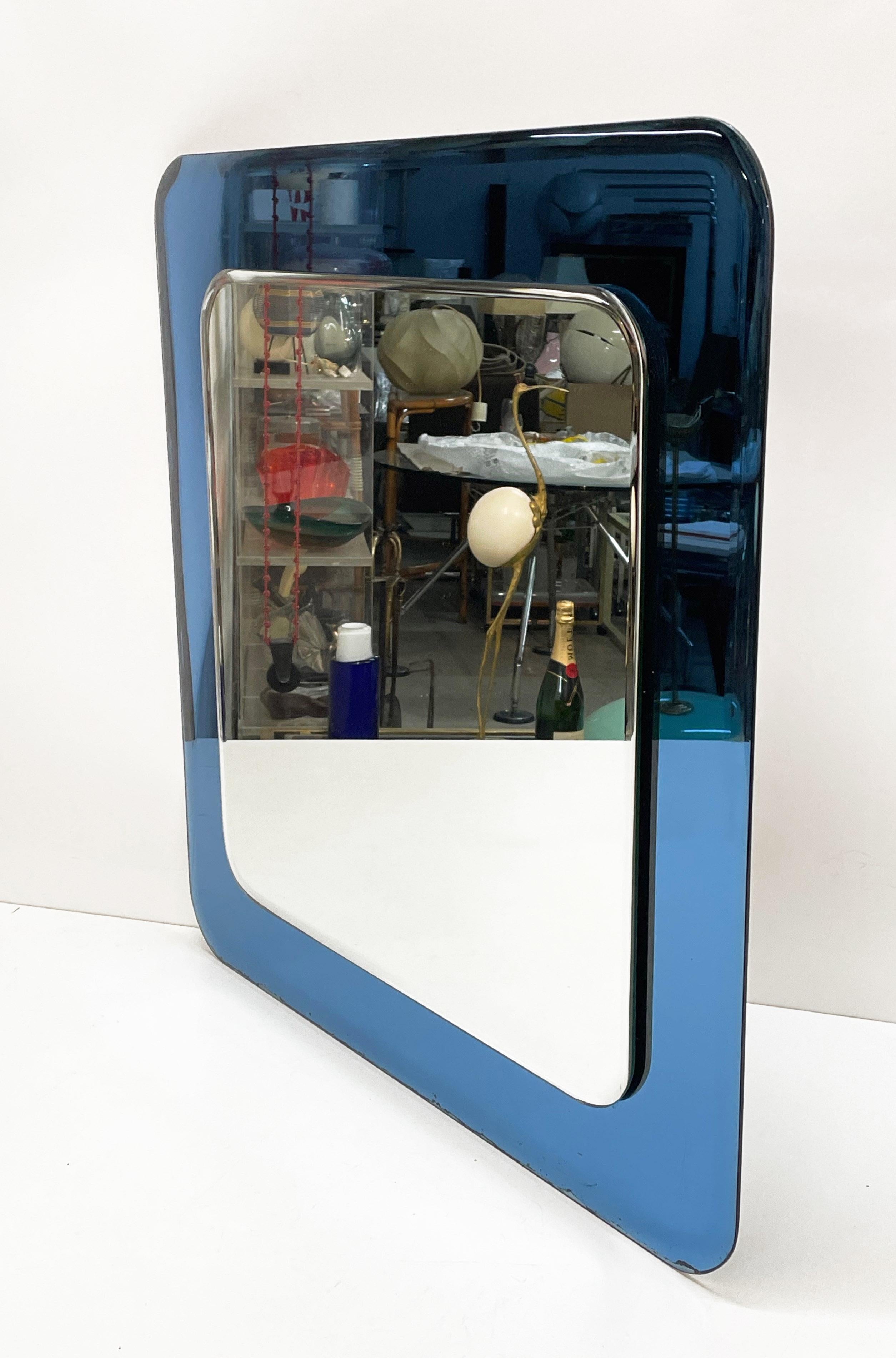 Midcentury Cristal Art Square Italian Wall Mirror with Blue Glass Frame, 1960s For Sale 3