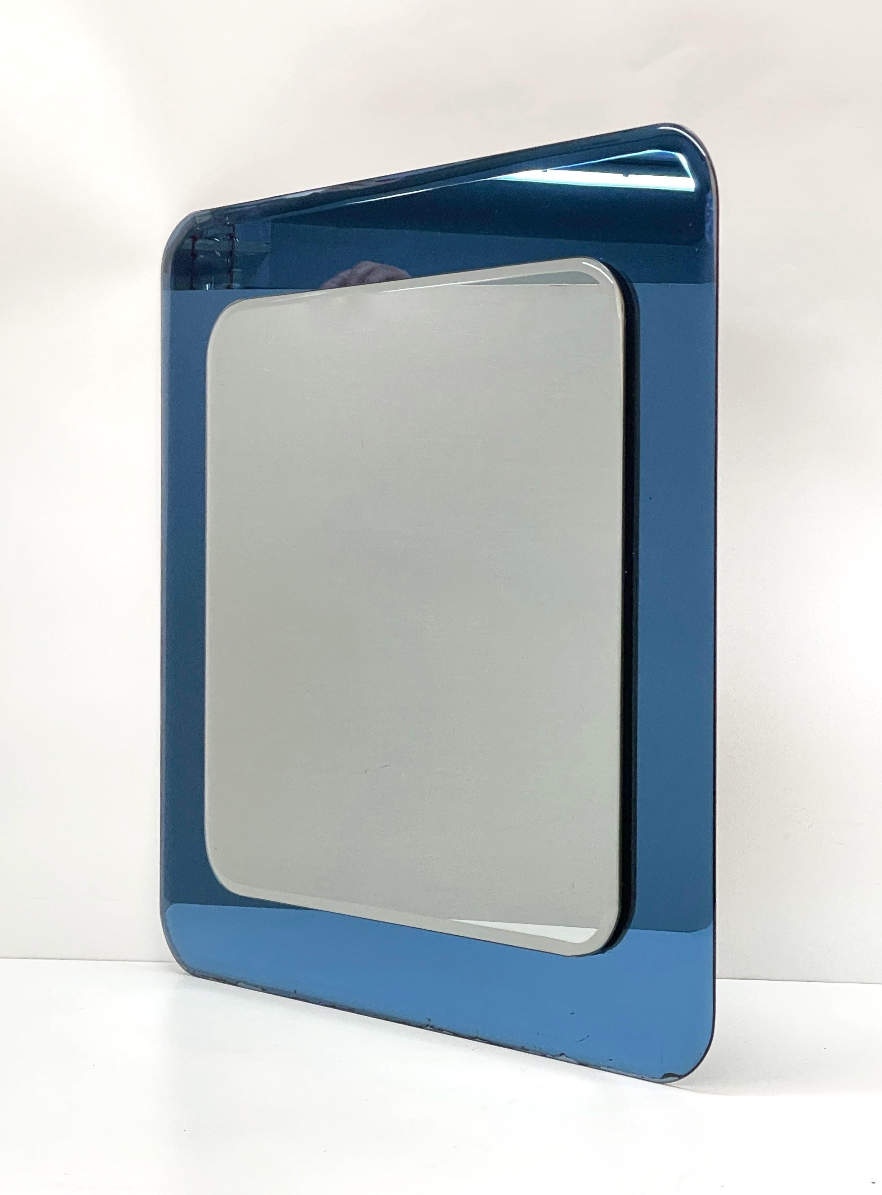 Midcentury Cristal Art Square Italian Wall Mirror with Blue Glass Frame, 1960s For Sale 4
