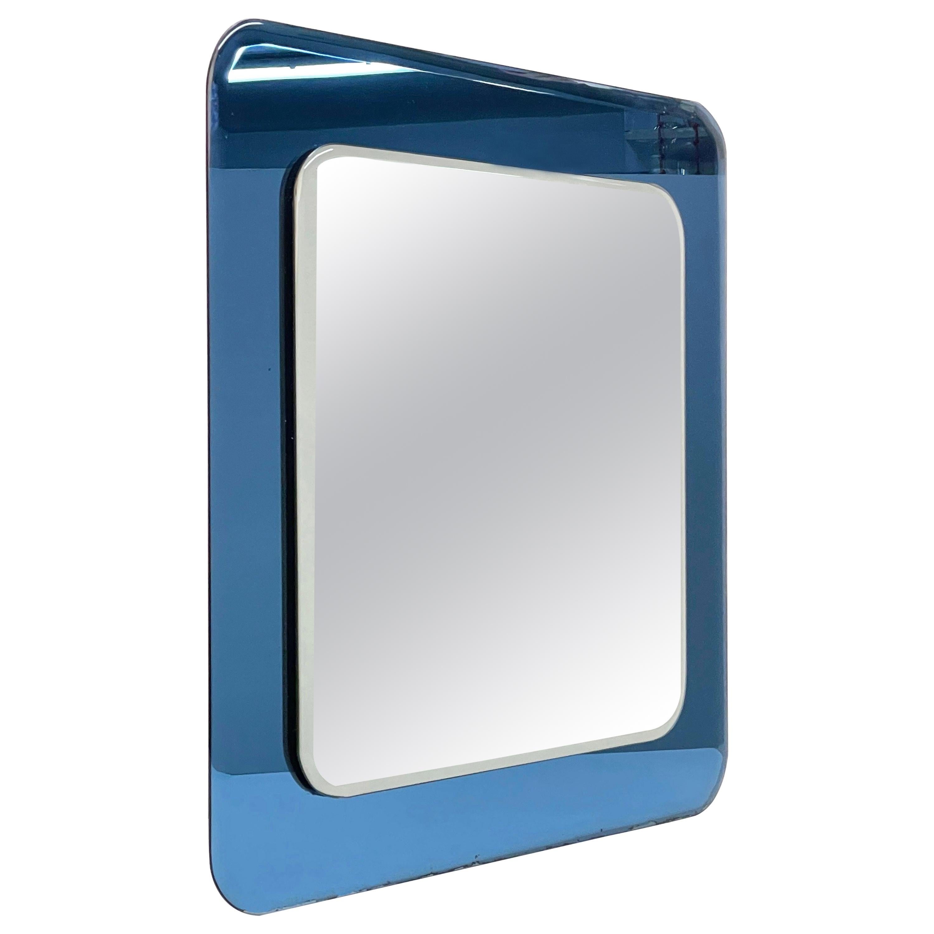 Midcentury Cristal Art Square Italian Wall Mirror with Blue Glass Frame, 1960s For Sale