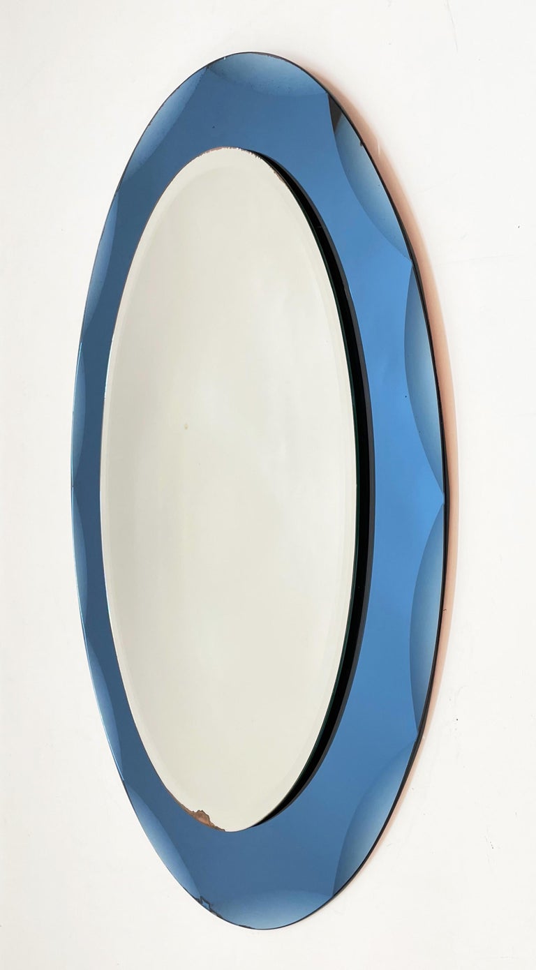 Midcentury Cristal Arte Italian Oval Mirror with Graven Blue Frame, 1960s For Sale 1