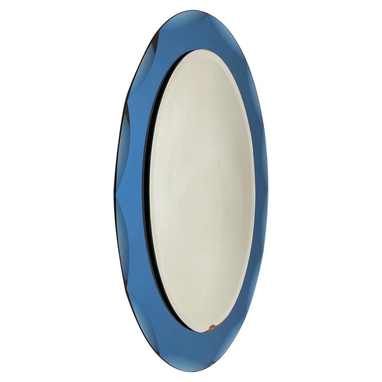 Midcentury Cristal Arte Italian Oval Mirror with Graven Blue Frame, 1960s For Sale