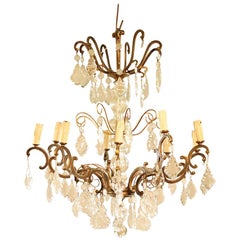 Midcentury Crystal and Brass Ornate Chandelier