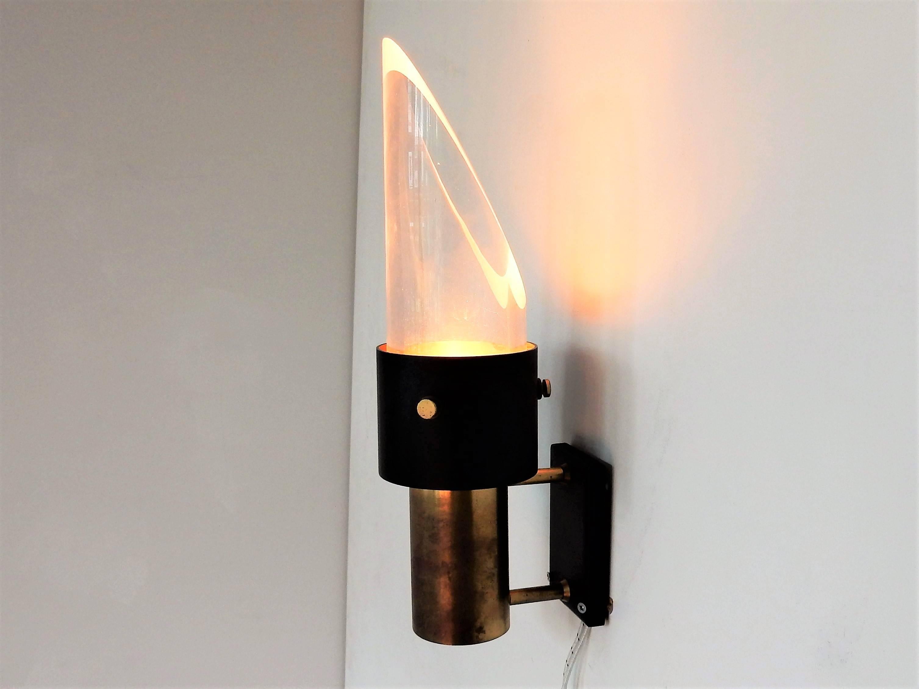 Metal Midcentury Crystal Glass and Brass 'Saga' Wall Sconce by Lyfa & Orrefors