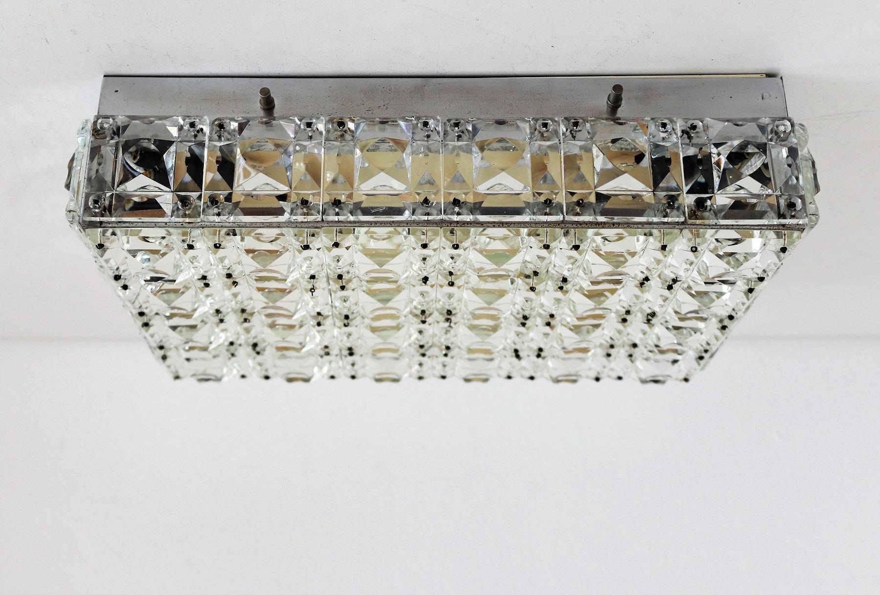 Mid-Century Modern Midcentury Crystal Glass Flush Mount Chandelier with Chrome Base, 1960s For Sale